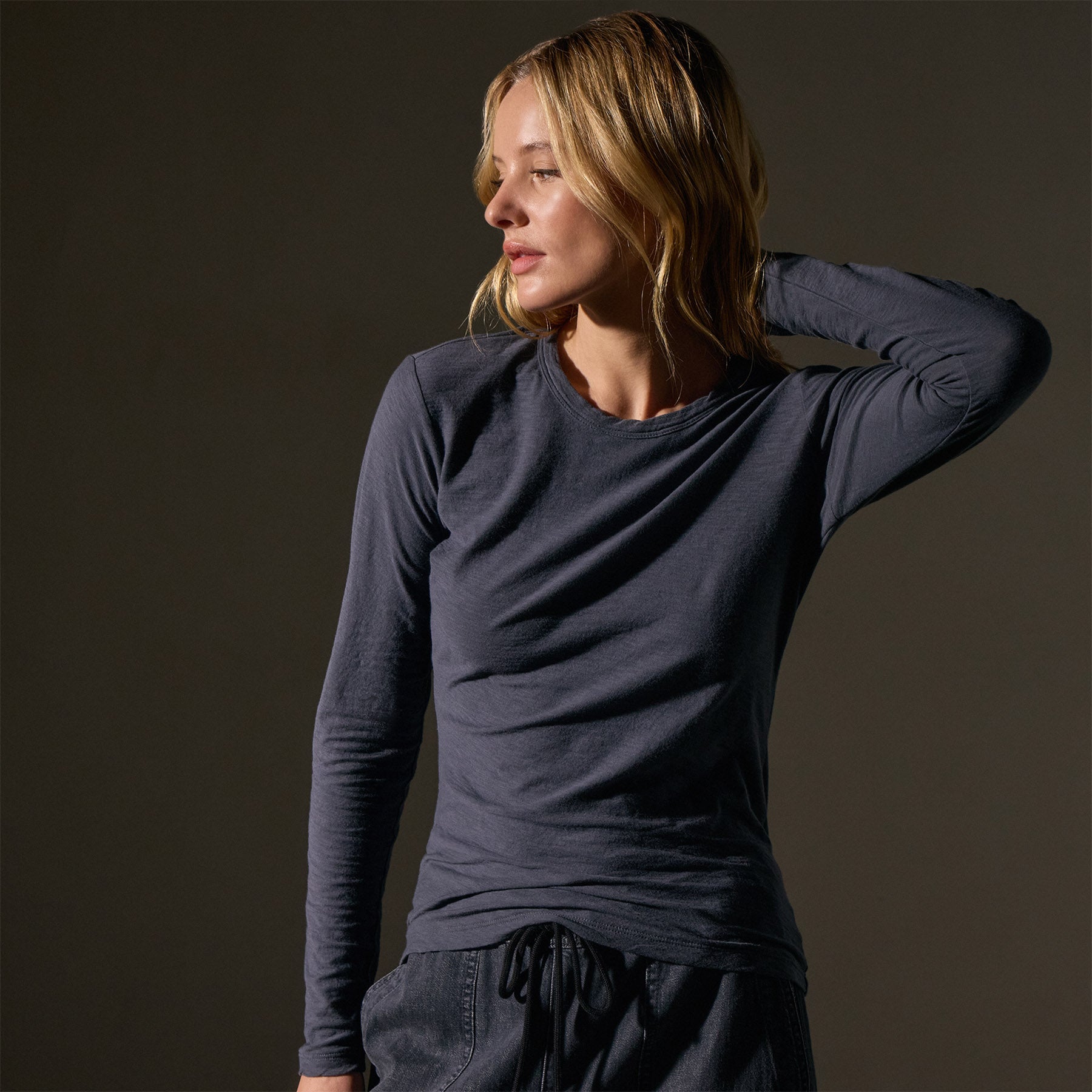 Blue Noir Sheer Slub Long Sleeve Crew Neck T-Shirt for Women | Casual Comfort Top for Everyday Wear & Layering