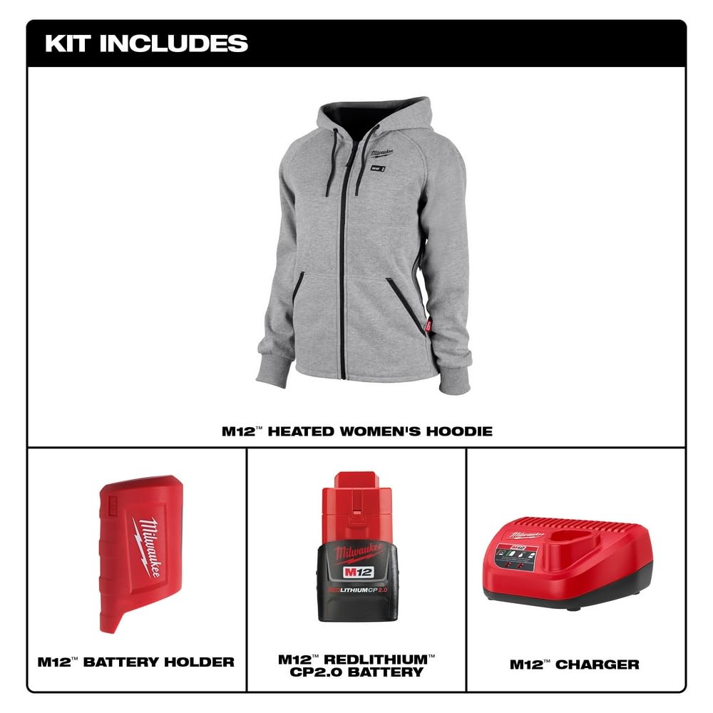 Milwaukee 336G-21L M12 Gray Heat Women's Hoodie - Warm Workwear for Construction & Outdoor Jobs