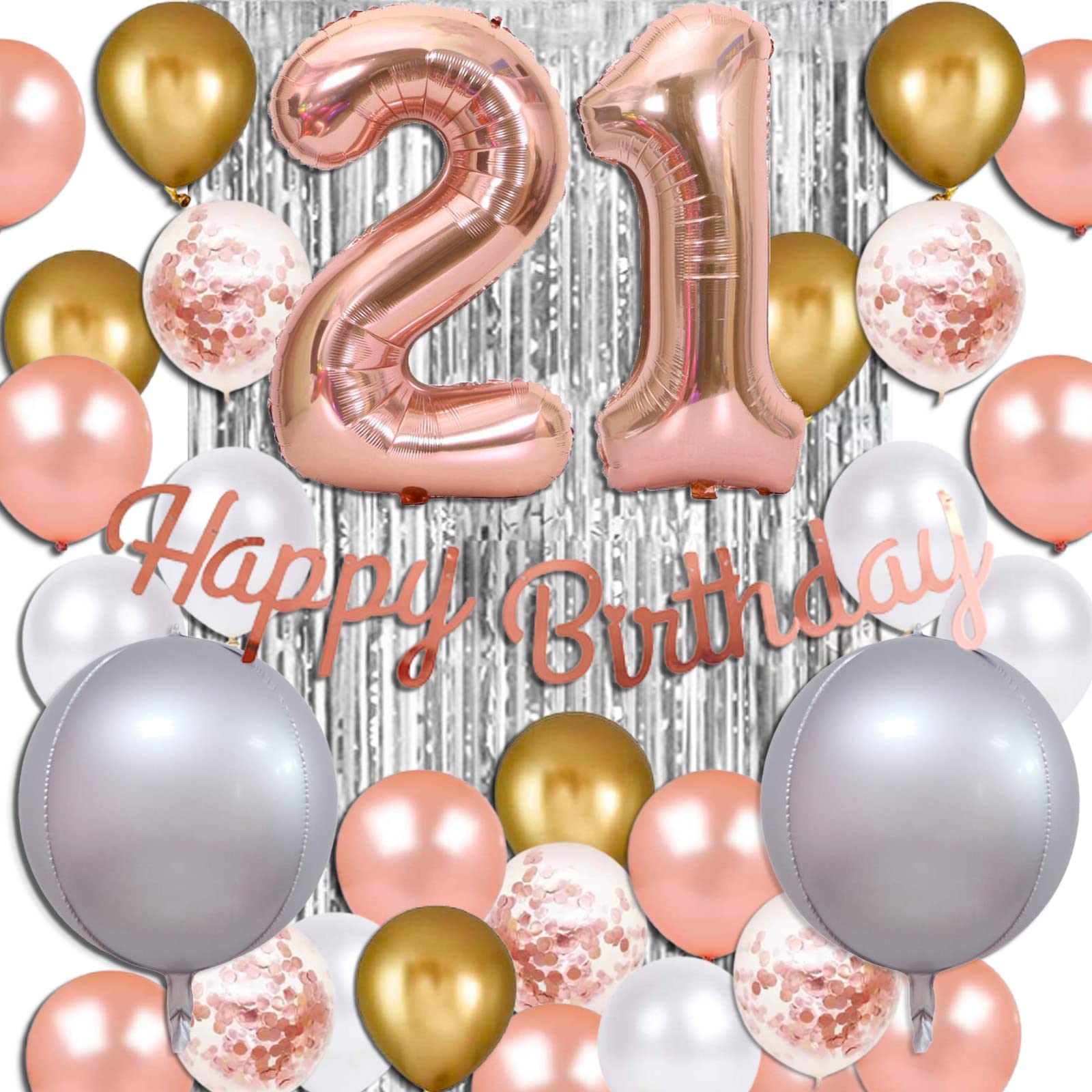 21st Birthday Decorations for Women - Rose Gold Balloon Set with Happy Birthday Banner, Fringe Curtain, Confetti & Foil Balloons | Perfect for 21st Birthday Party Decor, Girls' Milestone Celebration & Instagrammable Photo Backdrop