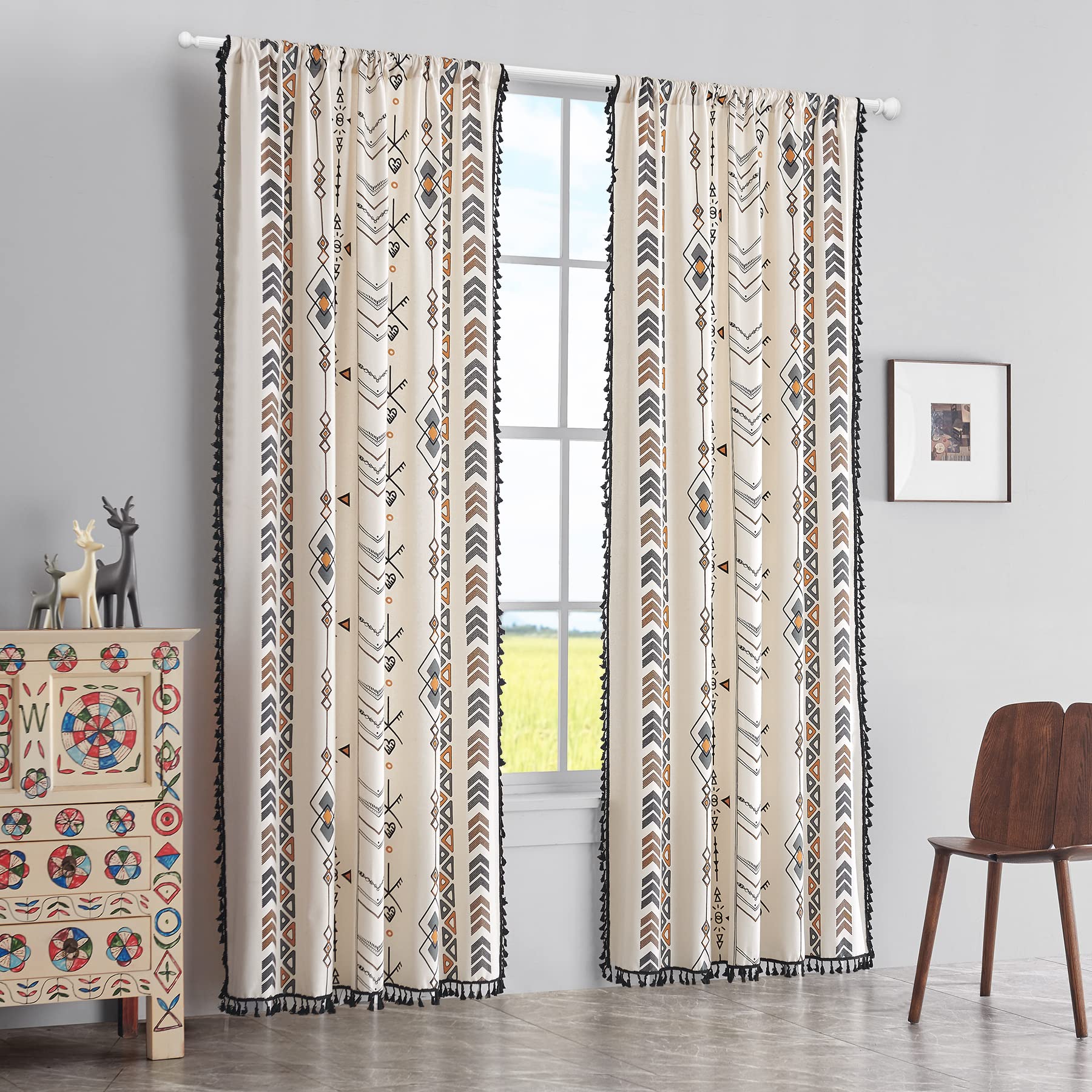 Boho Coral Fish Cotton Curtain Panel with Black Tassel Fringe - Light Filtering Window Drapes for Kitchen & Small Spaces - Rod Pocket Design - 59x63 Inches (1 Panel) - Perfect for Bohemian Bedrooms, Living Rooms & Cozy Home Decor