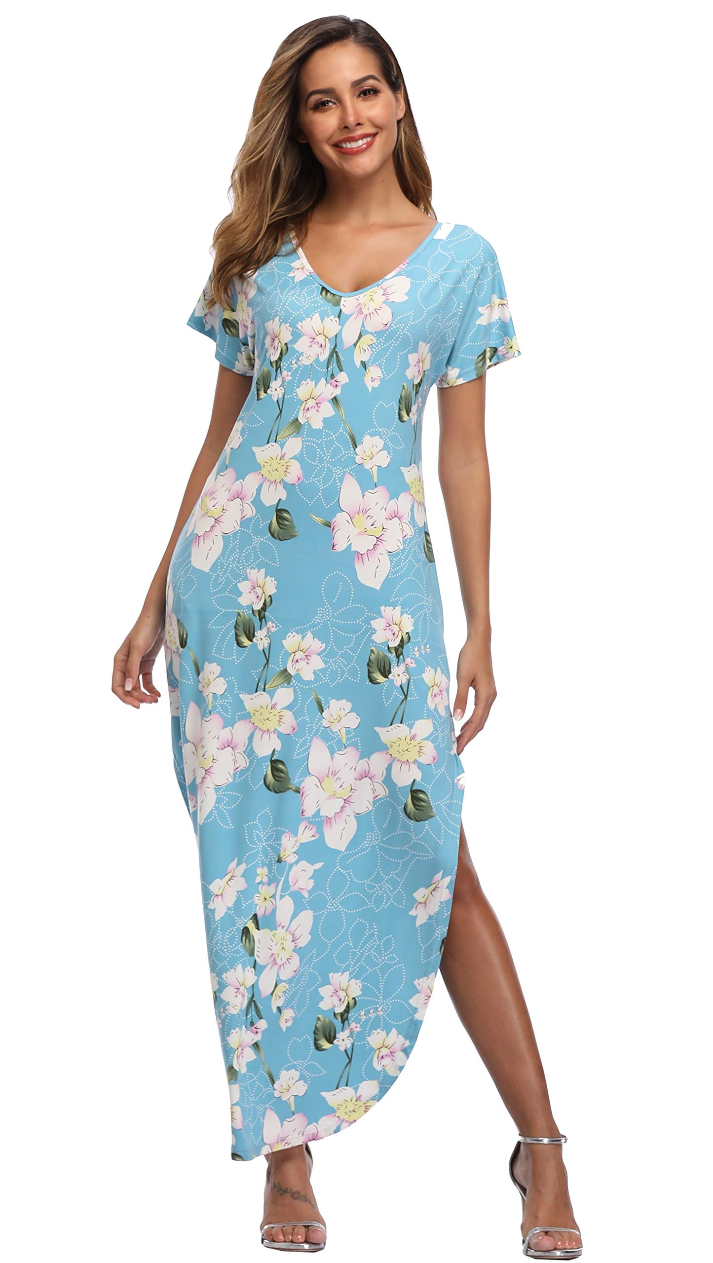 Floral Print Women's Maxi Dress - Long Casual Summer Dress with Pockets for Beach, Party & Vacation | Lightweight Flowy Dress for Outdoor Events & Travel