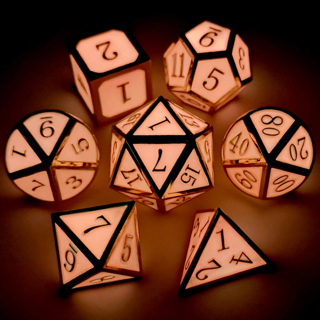 Haxtec Glow in The Dark Metal DND Dice Set - Gold & Pink D&D Dice for Dungeons and Dragons RPG Games | Perfect for Nighttime Gaming, Tabletop Roleplaying & Collectors (Glowing Red/Cream Pink)