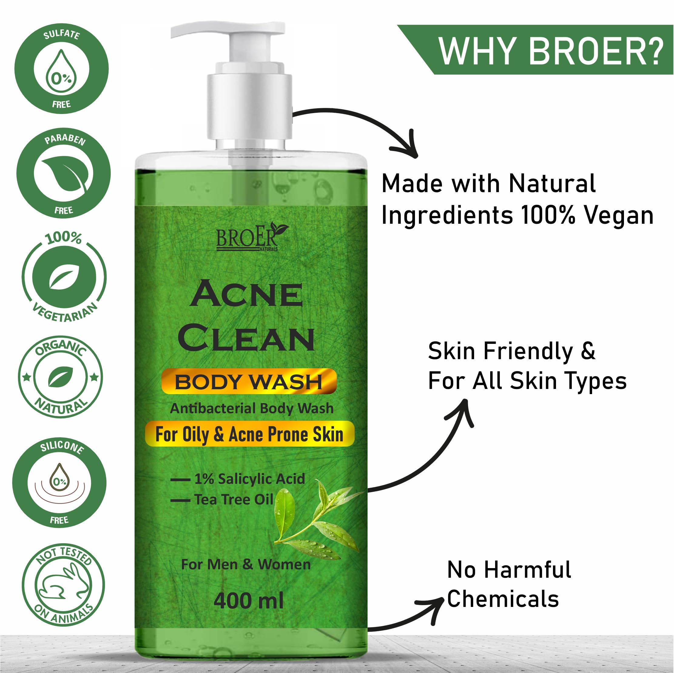 BROER Acne Clean 1% Salicylic Acid Body Wash for Acne-Prone Skin | Paraben & SLS Free Shower Gel | 400ml | Prevents Breakouts & Soothes Irritation | Ideal for Daily Use in Gym, Travel & Sensitive Skin Care