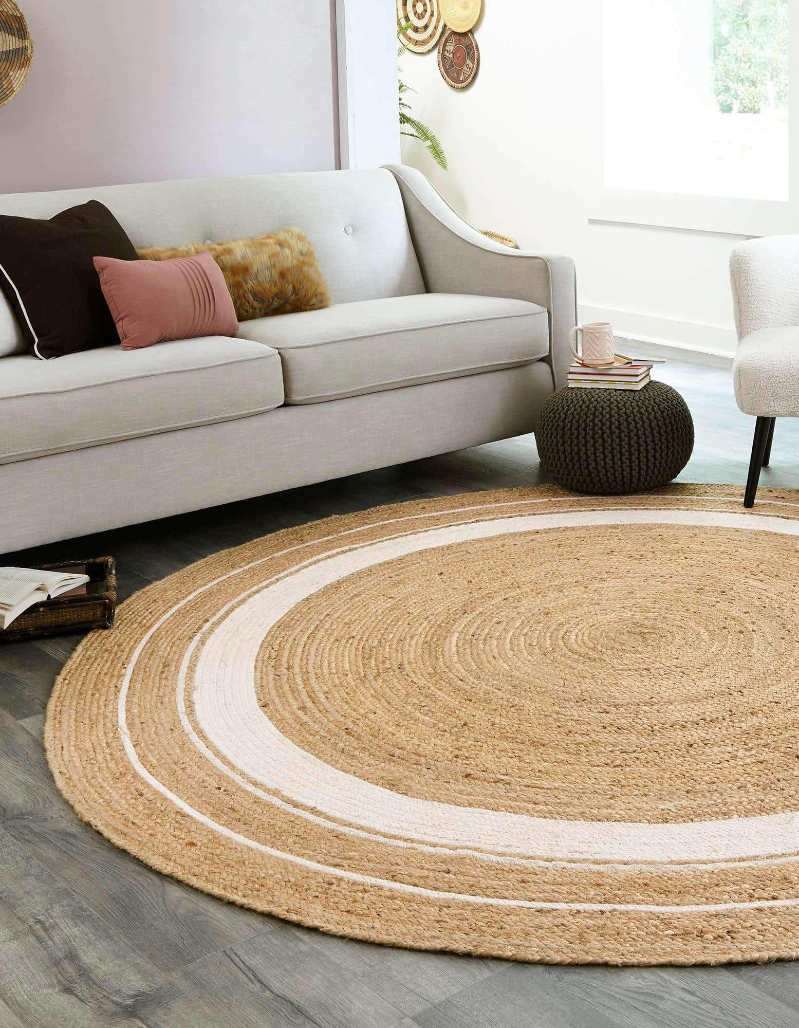 Handmade Natural Jute Round Area Rug - 6x6 Feet Beige with White Border, Braided Home Decor Rug for Living Room, Bedroom & Boho Style Spaces | VP JR51