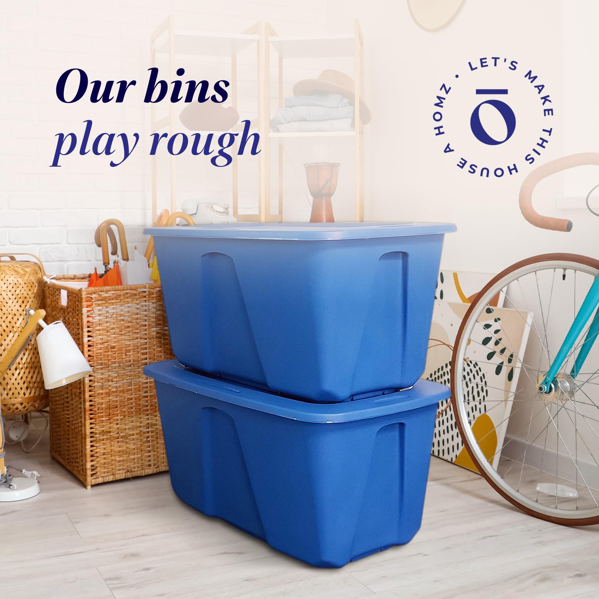 HOMZ 4-Pack Heavy Duty Plastic Storage Bins - 32 Gallon Organizer Containers for Home, Garage & Closet - Durable Stackable Blue Bins for Clothes, Toys & Seasonal Storage