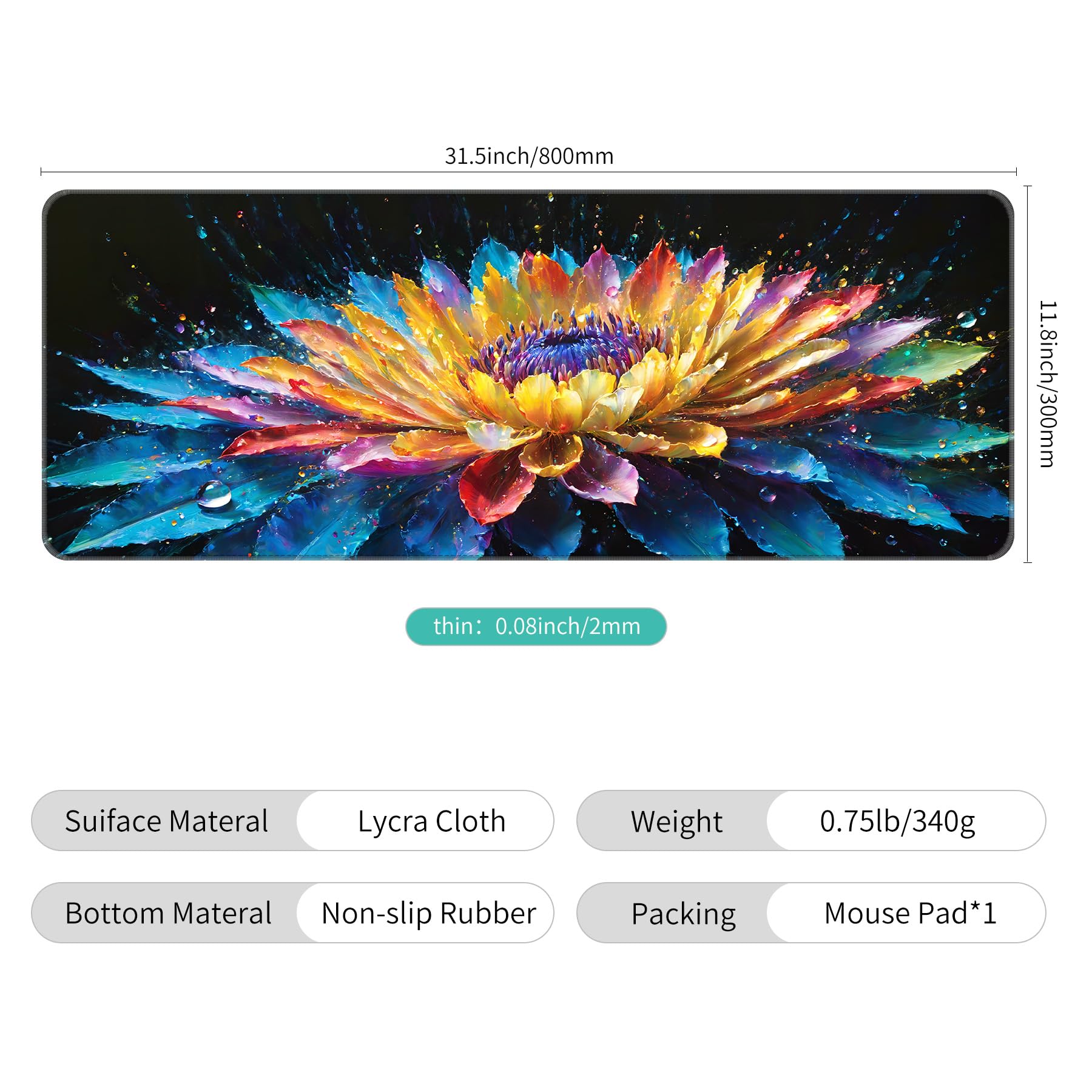 Dynippy Large Extended Gaming Mouse Pad (31.5 x 11.8 x 0.08 Inches) with Stitched Edges - XXL Keyboard & Mouse Desk Mat for PC, Laptop Gaming, Office & Home Use - Floral Design Non-Slip Surface