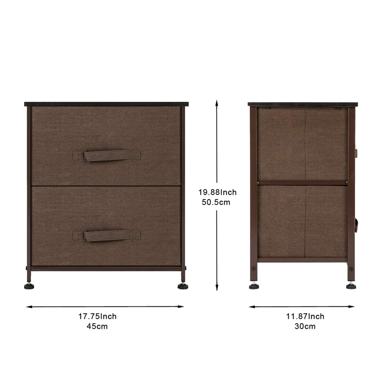 2-Drawer Nightstand with Storage Bins - Sturdy Steel Frame & Wood Top End Table - Easy Pull Fabric Drawers for Bedroom Organization - Brown Textured Print (Perfect for Small Spaces, Apartments & Dorm Rooms)