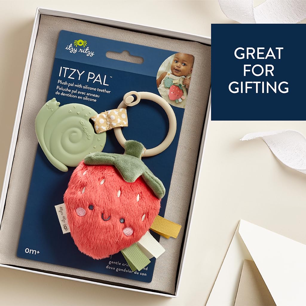 Itzy Ritzy Infant Toy & Teether - Soft Silicone Teething Toy with Lovey, Crinkle Sound & Textured Ribbons for Newborns & Babies (Strawberry) | Soothing Gum Relief & Sensory Play for Teething Infants