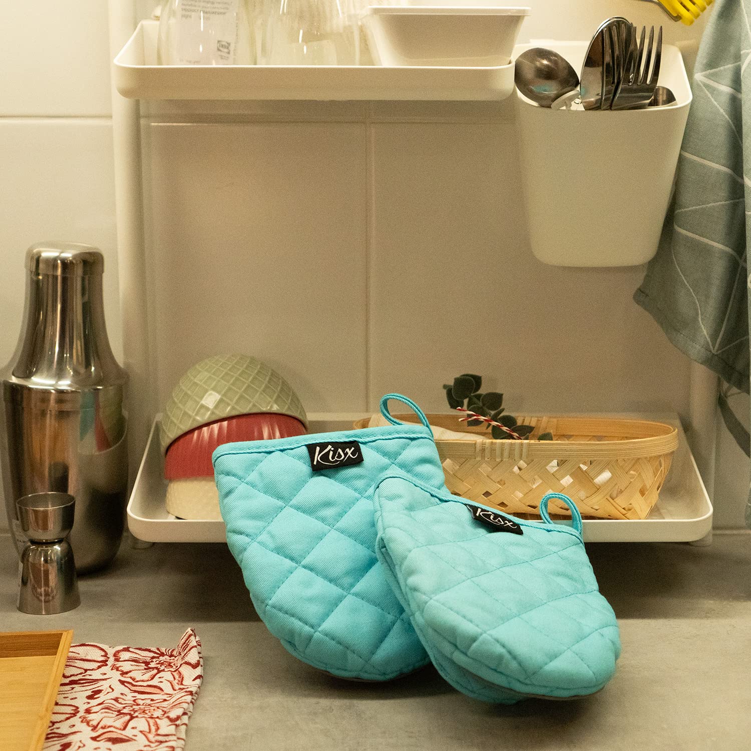 Heat Resistant Silicone Oven Mitts & Pot Holders Set - Aqua Color Mini Kitchen Gloves for Cooking, Baking, Grilling - Non-Slip Protection for Hot Pans, Dishes & Cookware
