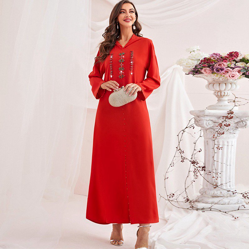 Hand-Stitched Rhinestone Hooded Wine Red Women's Djellaba Abaya Kaftan Dress Jalaba - Perfect for Special Occasions, Weddings & Cultural Events