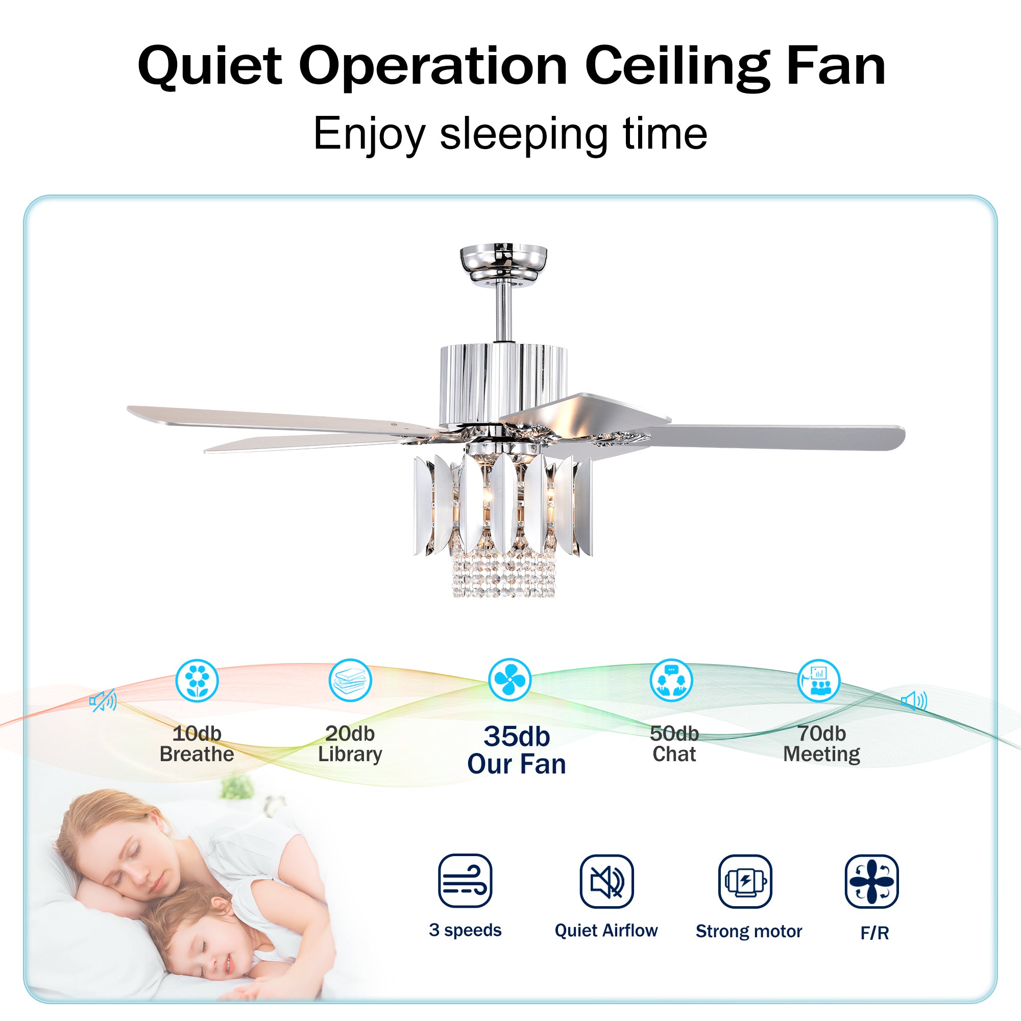 Crystal Ceiling Fan with Reversible Blades, 3 Wind Speeds & Remote Control - Perfect for Bedroom, Living Room & Dining Room (Chrome Finish) | Modern Cooling Solution for Home Comfort