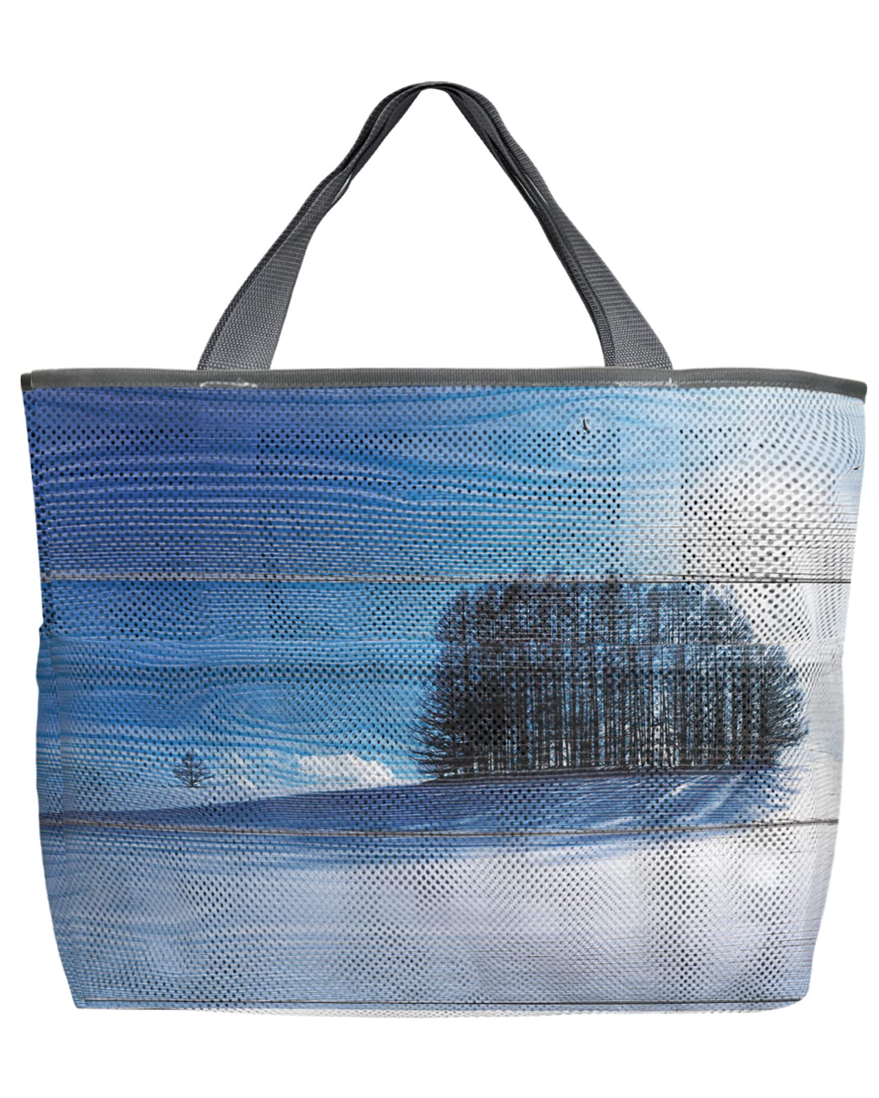 60L Oversized Mesh Beach Tote Bag - Retro Wood Grain Design, Quick Dry Swim Bag with Pockets, Foldable Lightweight Grocery Storage Net Bag (24