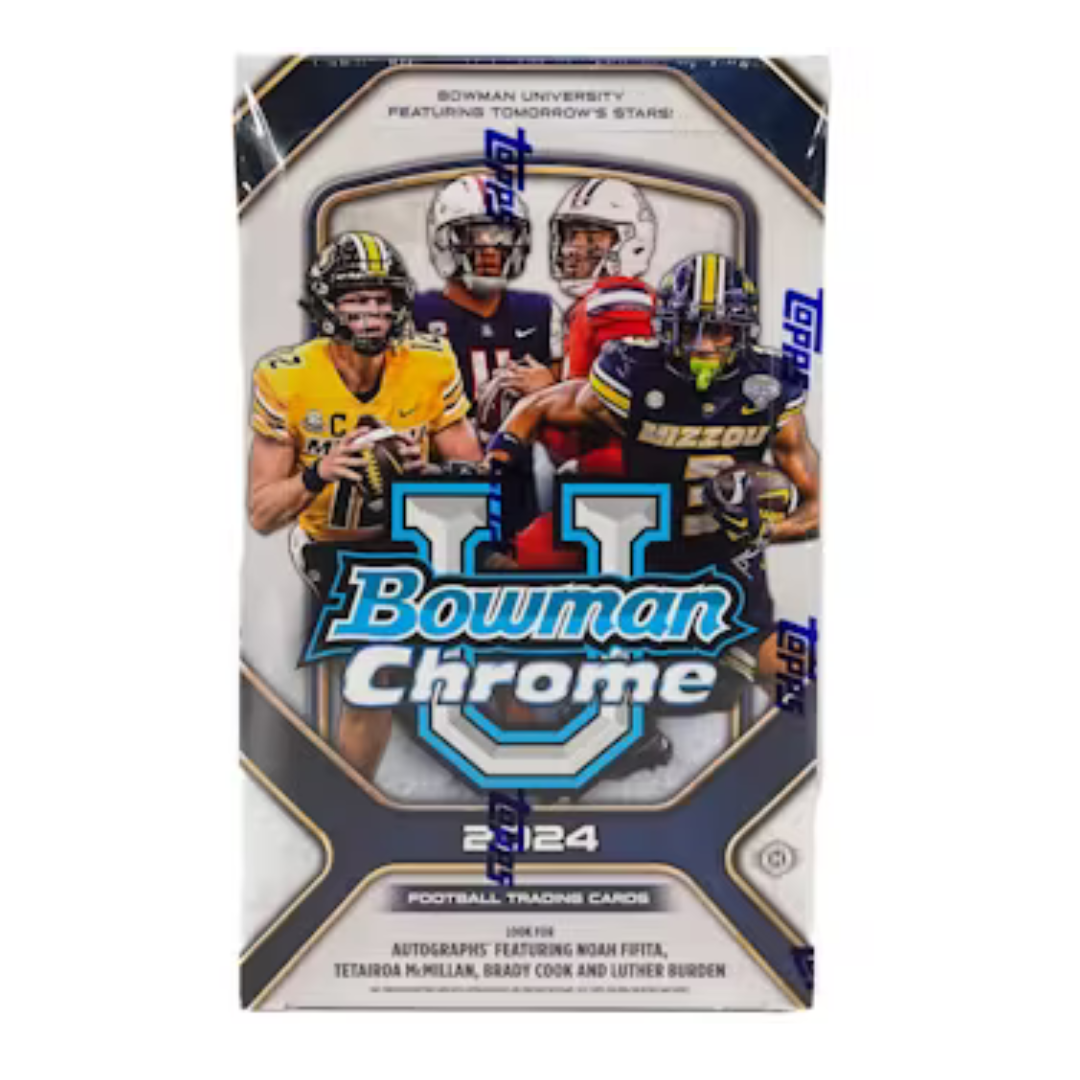 2024 Bowman University Chrome Football Hobby Box - 12 Packs with Autograph & Memorabilia Cards - Collect NCAA Star Players - Perfect for Sports Card Collectors and Fantasy Football Fans