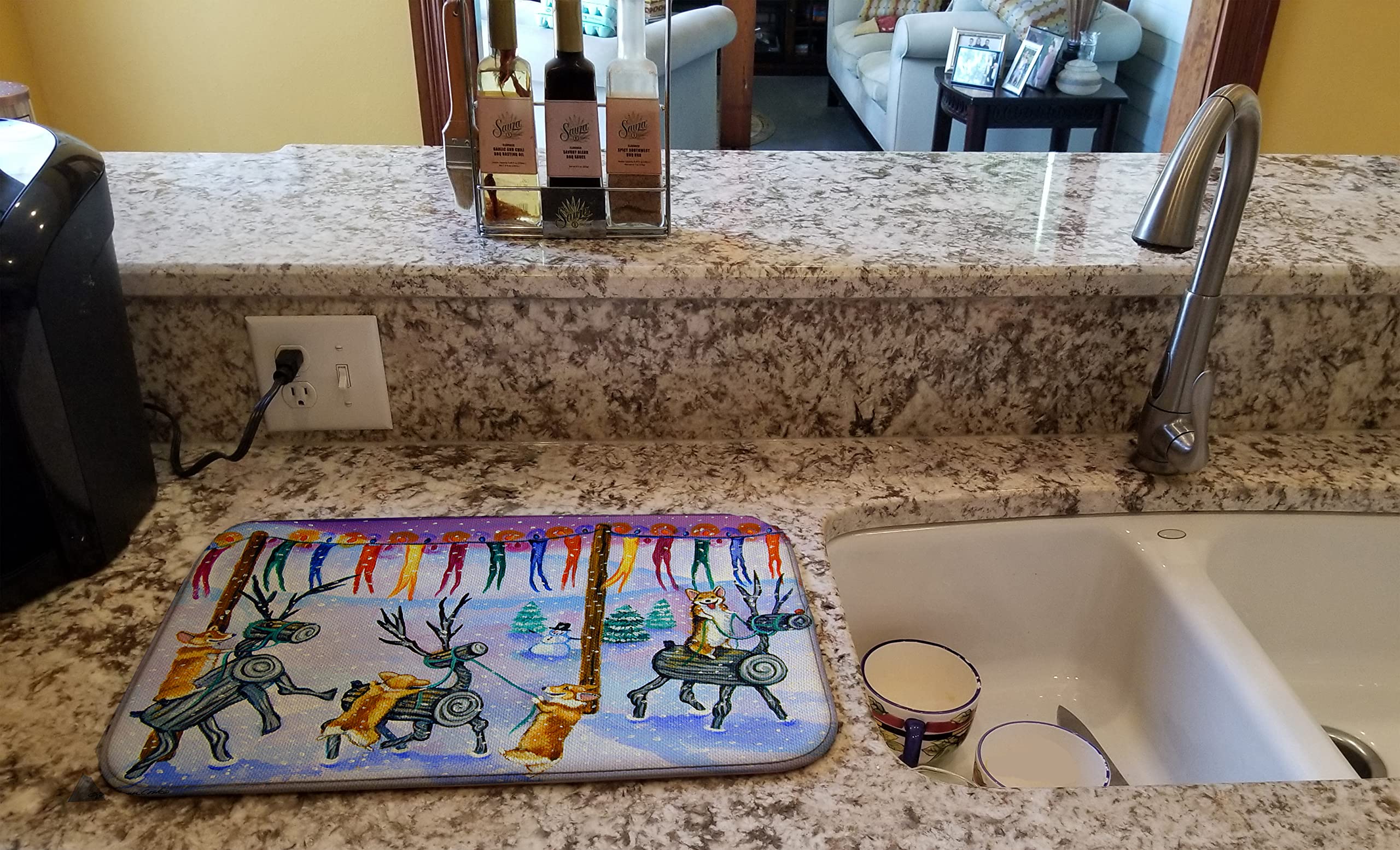 Corgi Christmas Dish Drying Mat - Absorbent Kitchen Counter Mat for Holiday Decor