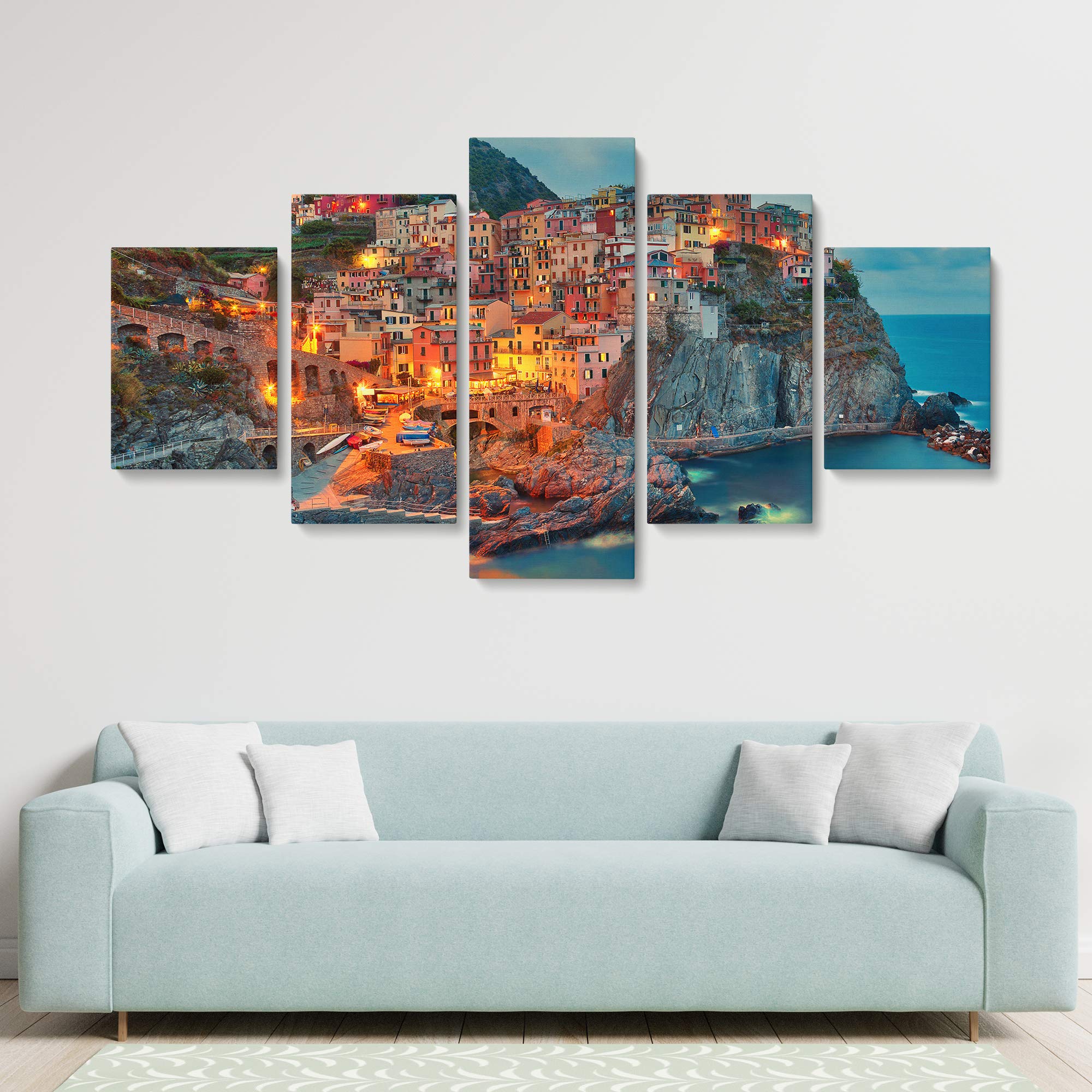 Manarola Cinque Terre Italy Landscape Canvas Art Print - 5 Piece XLarge Wall Decor for Living Room, Bedroom & Office - Italian Coastal Village Painting, Travel Inspired Home Decor