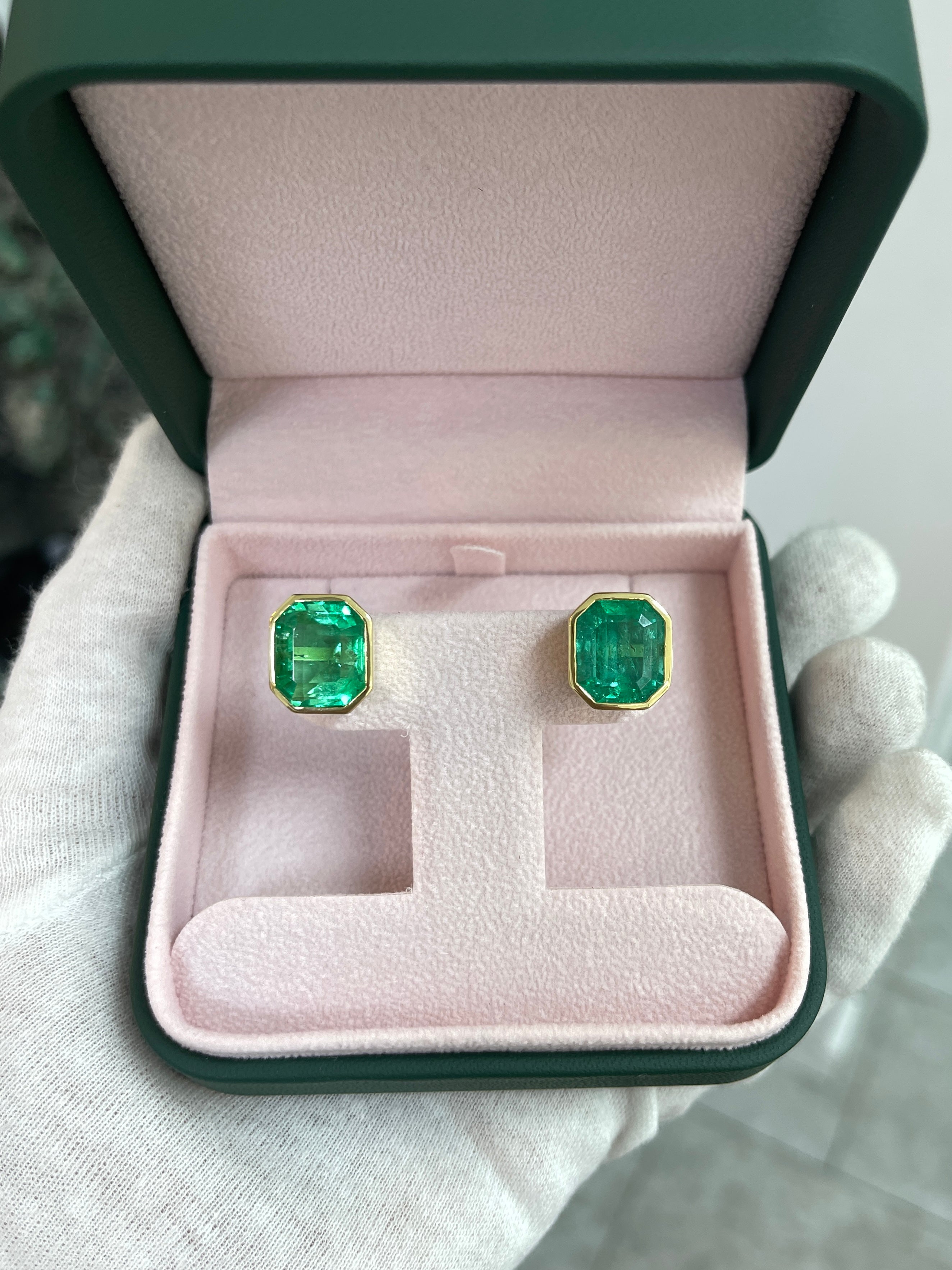 14.30tcw Large Bezel Set Natural Colombian Emerald Stud Earrings in 18K Gold | Luxury Jewelry for Women, Perfect for Weddings, Parties & Special Occasions
