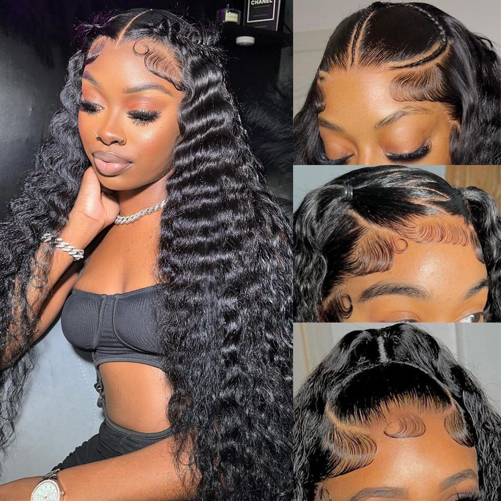 34 Inch XVE Deep Wave Human Hair Wig - 13x4 HD Transparent Lace Frontal, 180% Density, Brazilian Remy Hair, Pre-Plucked Hairline, Glueless Design, Wet & Wavy Curly Wig for Women (Natural Black) - Perfect for Daily Wear, Parties, Cosplay & Special Occasions
