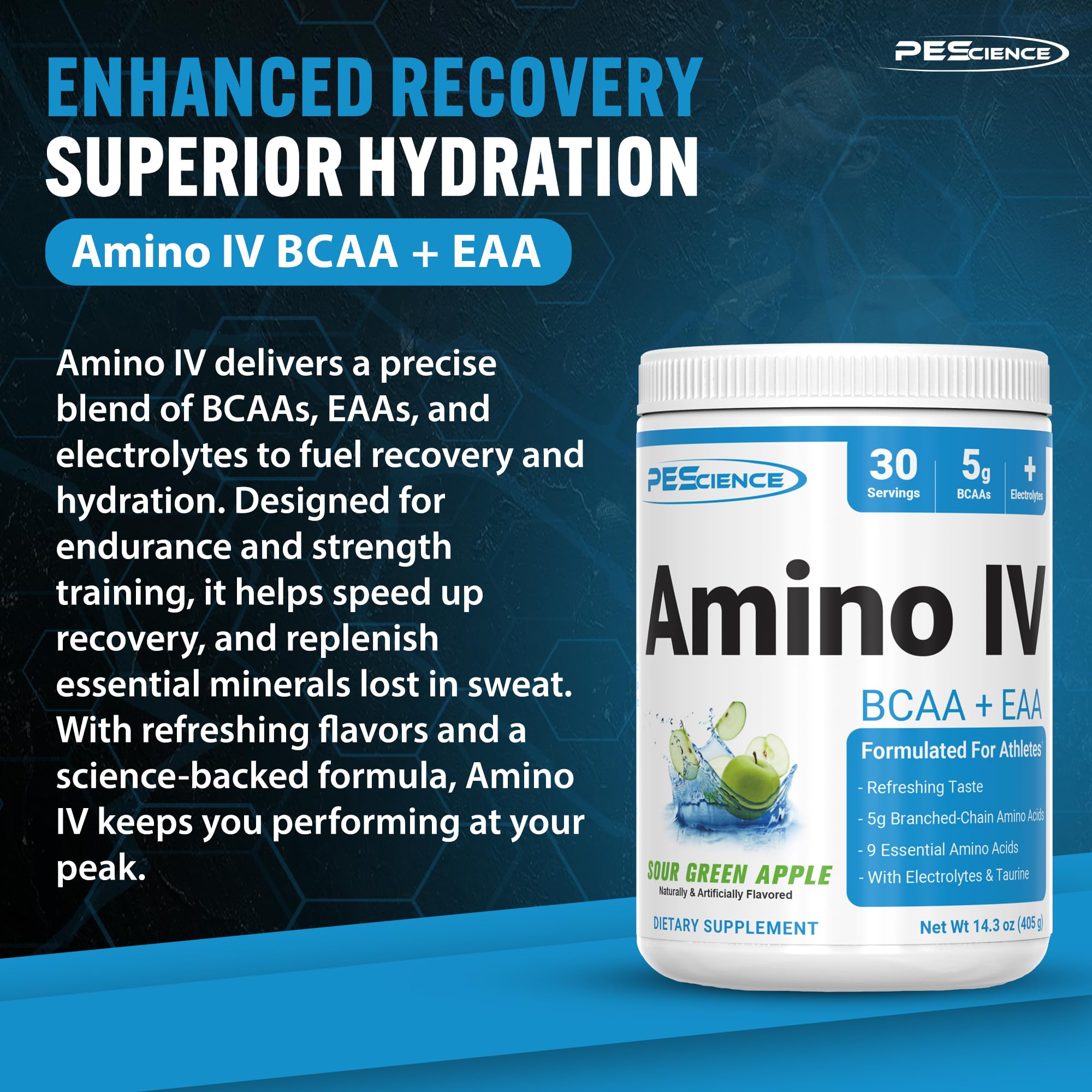 PEScience Amino IV BCAA & EAA Powder - Sour Green Apple Flavor, 60 Servings | Essential Amino Acids, Taurine & Electrolytes for Hydration | Sugar-Free Muscle Recovery Supplement for Men & Women | Ideal for Post-Workout, Fitness & Athletic Performance