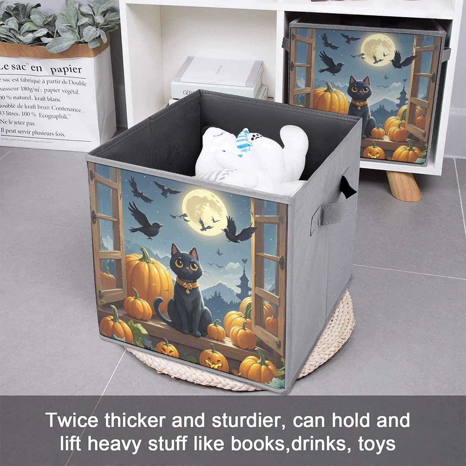 Foldable Storage Bins with Handles - Large Capacity Black Cat & Pumpkin Printed Storage Boxes for Playroom, Office, Home Organization | Perfect for Toys, Books, and Seasonal Decor Storage
