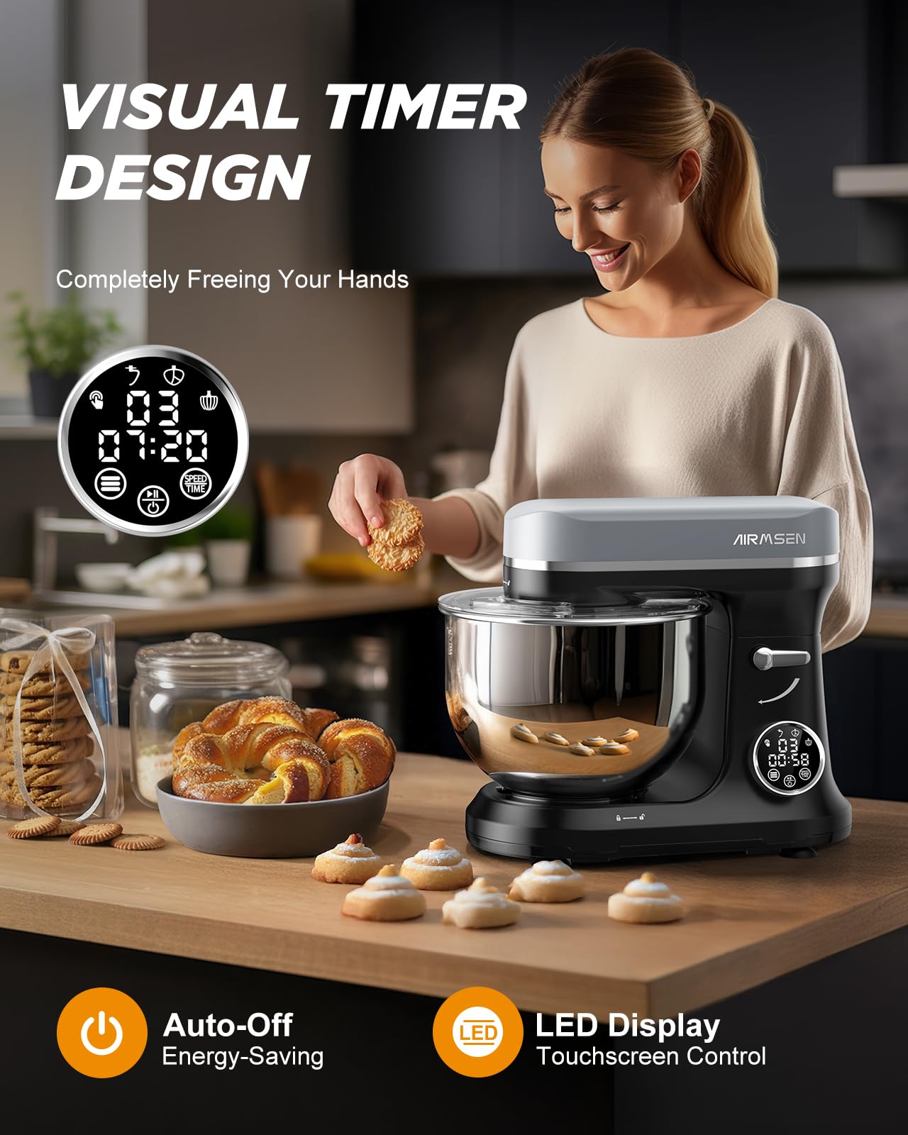 AIRMSEN 5.3QT Stand Mixer with LED Touchscreen & Timer - 11-Speed Tilt-Head Electric Dough Mixer with 3-in-1 Attachments - Perfect for Baking Bread, Cakes, Cookies & More - Ideal for Home Bakers & Professional Kitchens - Black and Gray