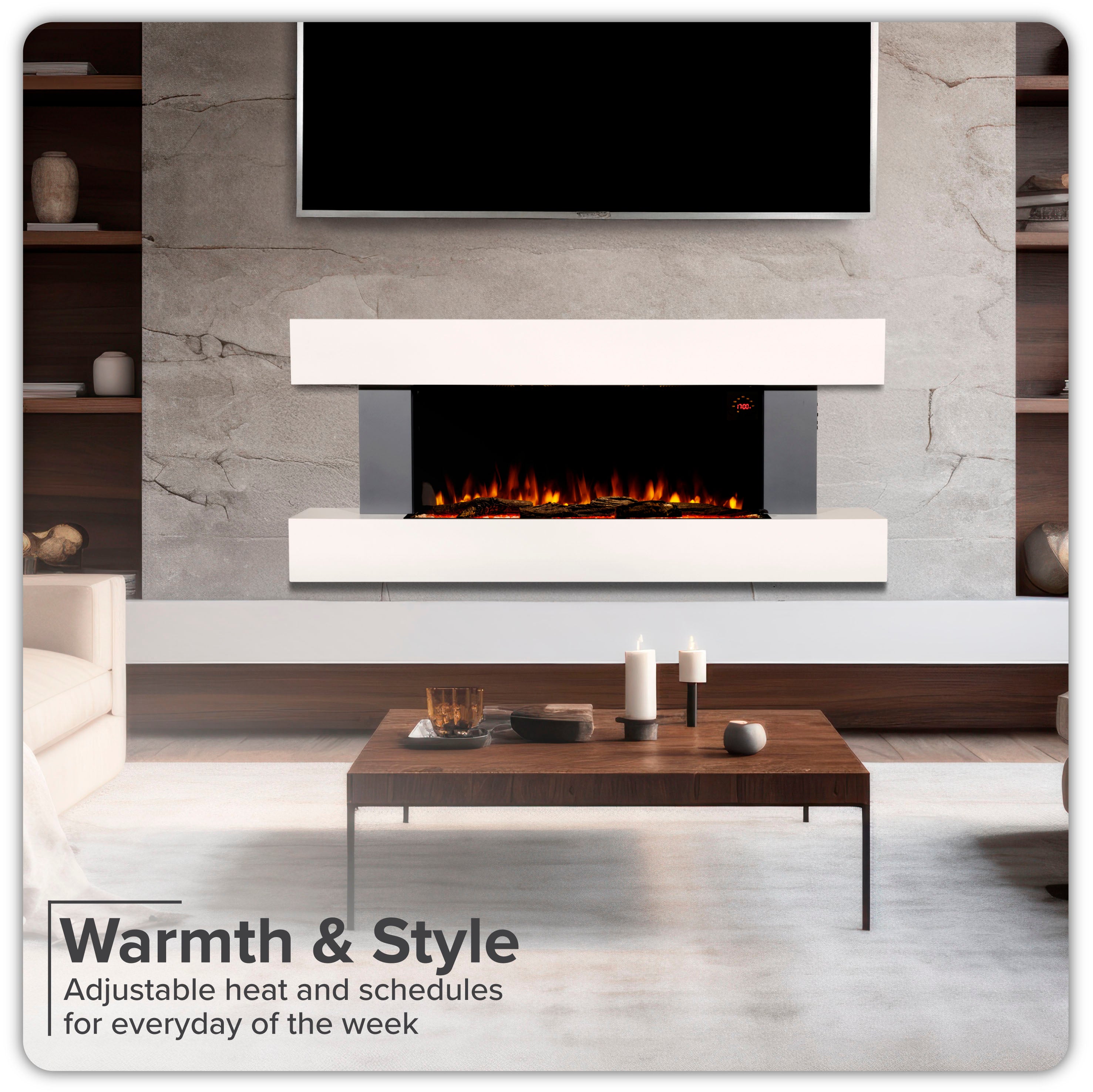 Baridi 52 Inch Electric Fireplace Wall Mounted with Realistic LED Flame Effects - Grey DH112 - Perfect for Living Room, Bedroom & Office Heating & Ambiance