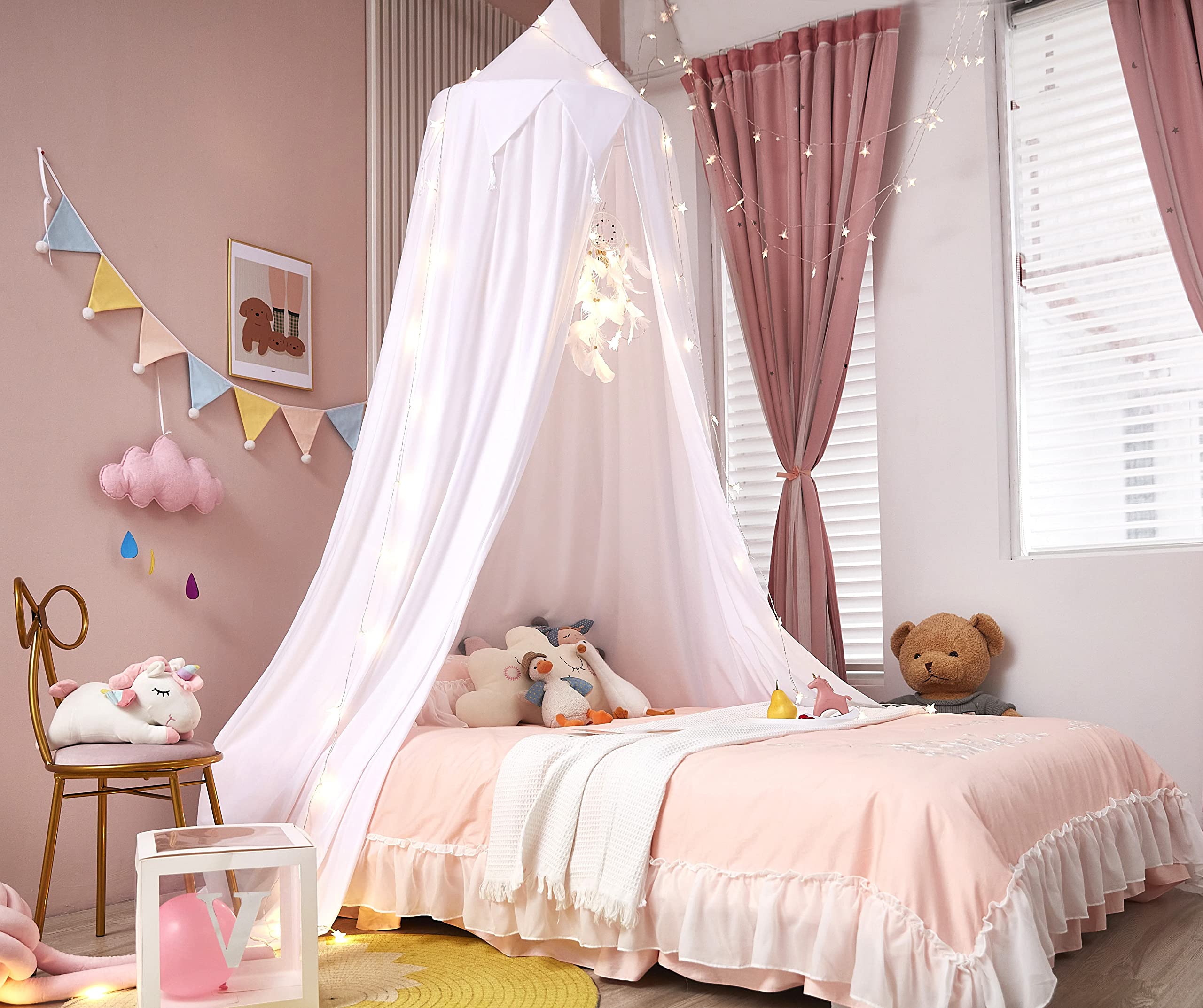 **Akiky White Bed Canopy with Fairy Lights - Princess Dream Catcher Canopy for Girls, Kids Reading Nook Tent for Twin, Full & Queen Beds - Perfect for Bedroom Decor & Cozy Reading Spaces**