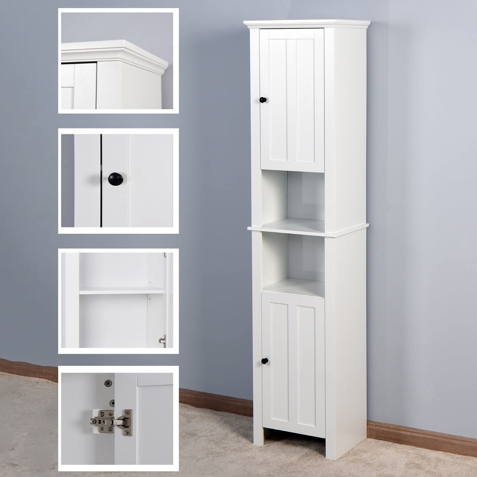 Tall Narrow Storage Cabinet - Multifunctional White Cabinet with 2 Open Shelves & Cupboard | Perfect for Bedroom, Bathroom, or Kitchen Organization