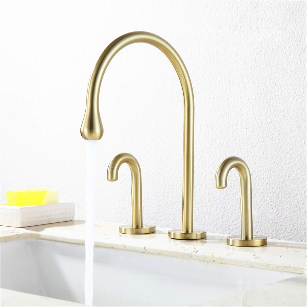 8 Inch Widespread Bathroom Faucet - 2 Handle Deck Mount Sink Faucet with 360° Swivel Spout - Brushed Gold Finish - Perfect for Modern Bathroom Vanities & Powder Rooms