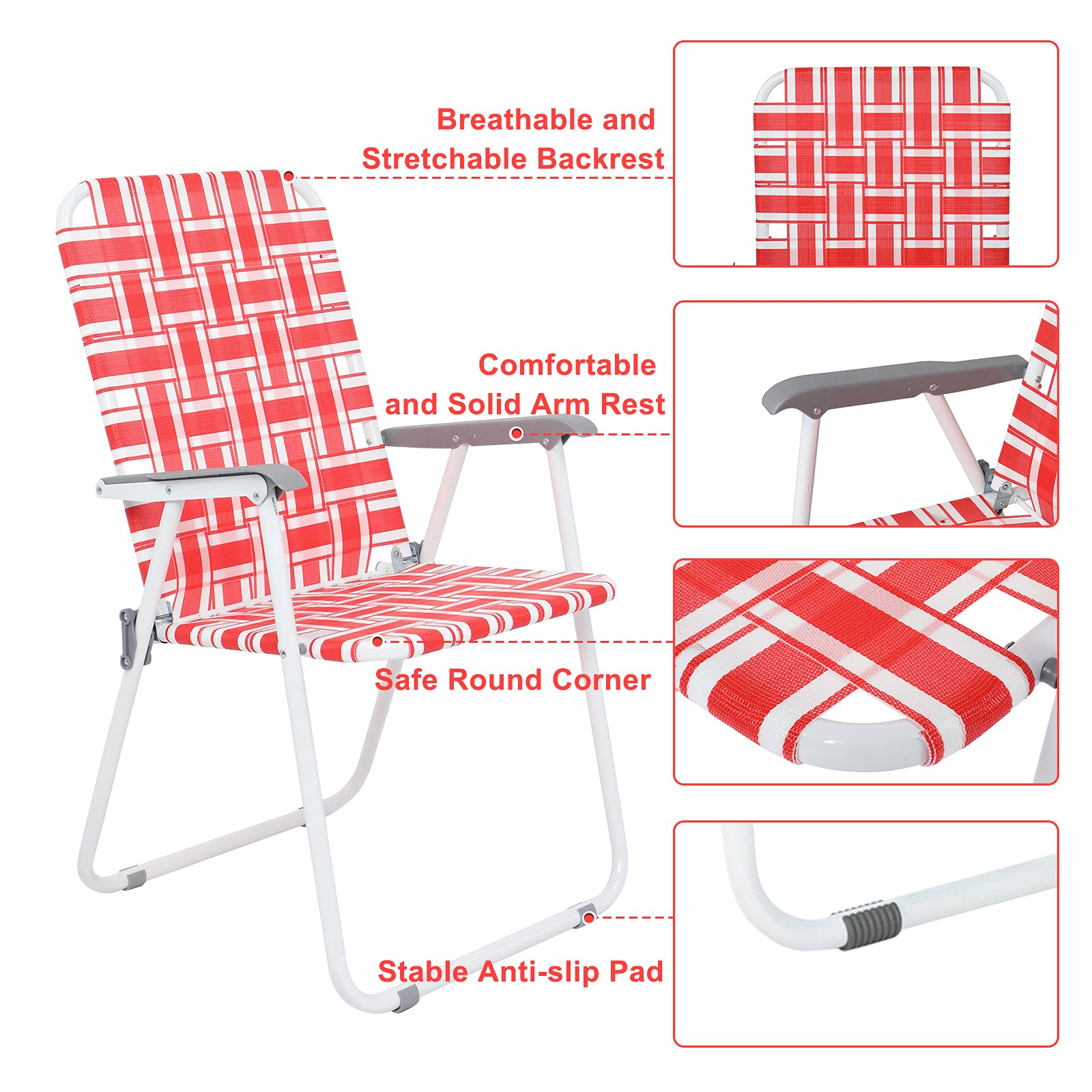 VINGLI 2-Pack Folding Lawn Chairs for Patio, Outdoor, Beach, Yard & Garden - Portable Webbed Dining Chairs (Red, Classic) - Perfect for Picnics, Camping & Backyard Relaxation