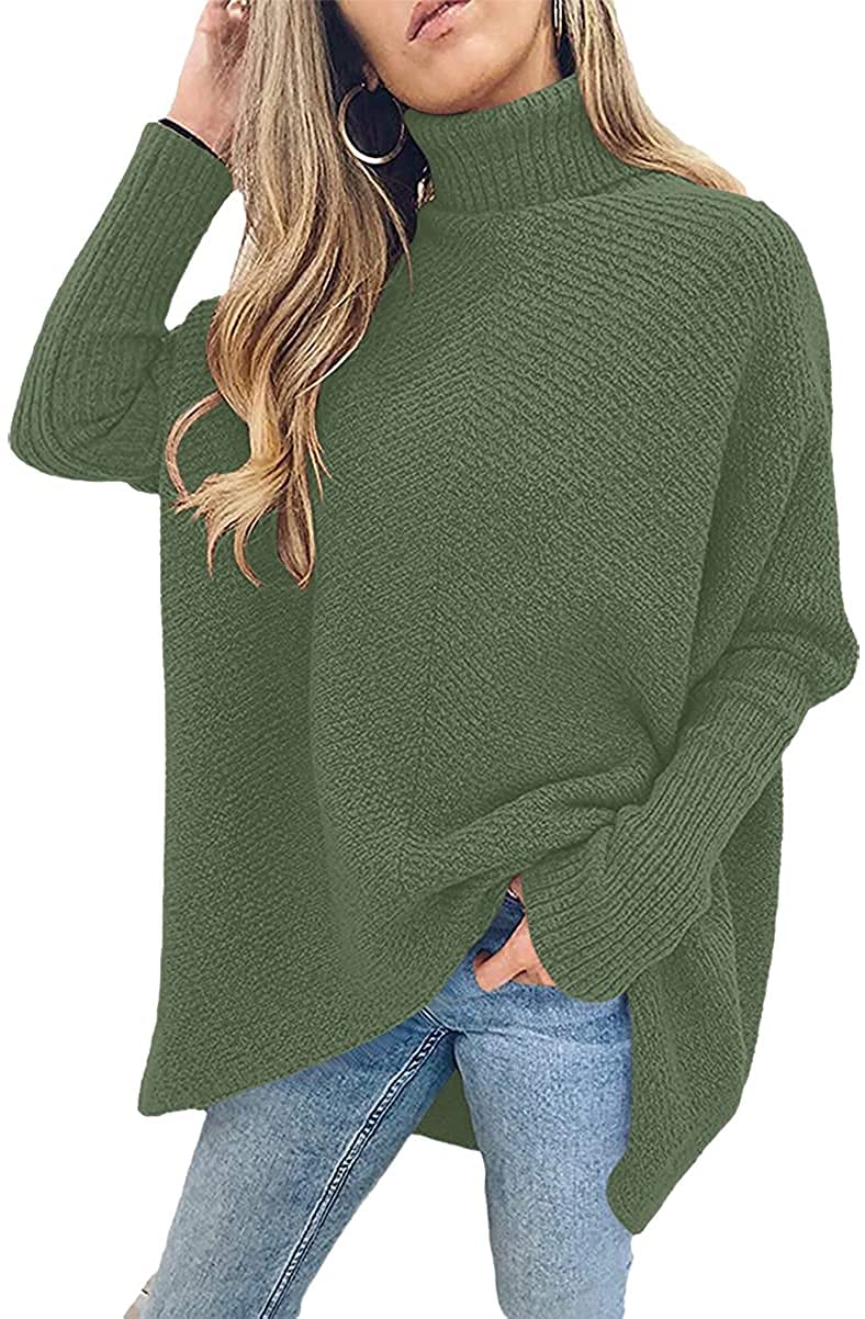 Women's Turtleneck Long Sleeve Batwing Pullover Sweater - Asymmetric Hem Knit Top for Casual Wear | Office, Date Night & Fall Outfits