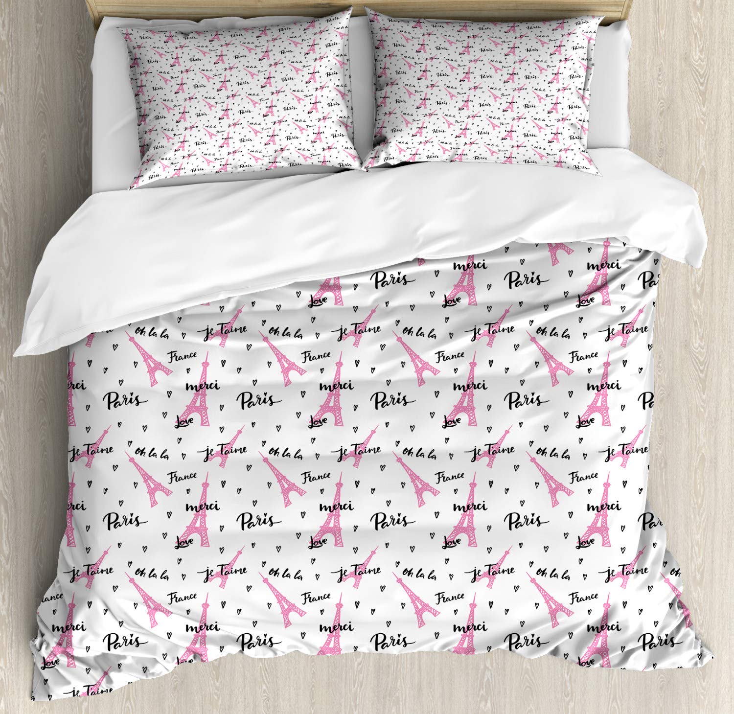 Ambesonne Paris Duvet Cover Set - European Style Eiffel Tower with French 'Je Taime' Romance Heart Print, 3-Piece Luxury Bedding Set with 2 Pillow Shams, California King Size, Pale Pink & White | Perfect for Romantic Bedrooms, Paris-Themed Decor & Gift Ideas