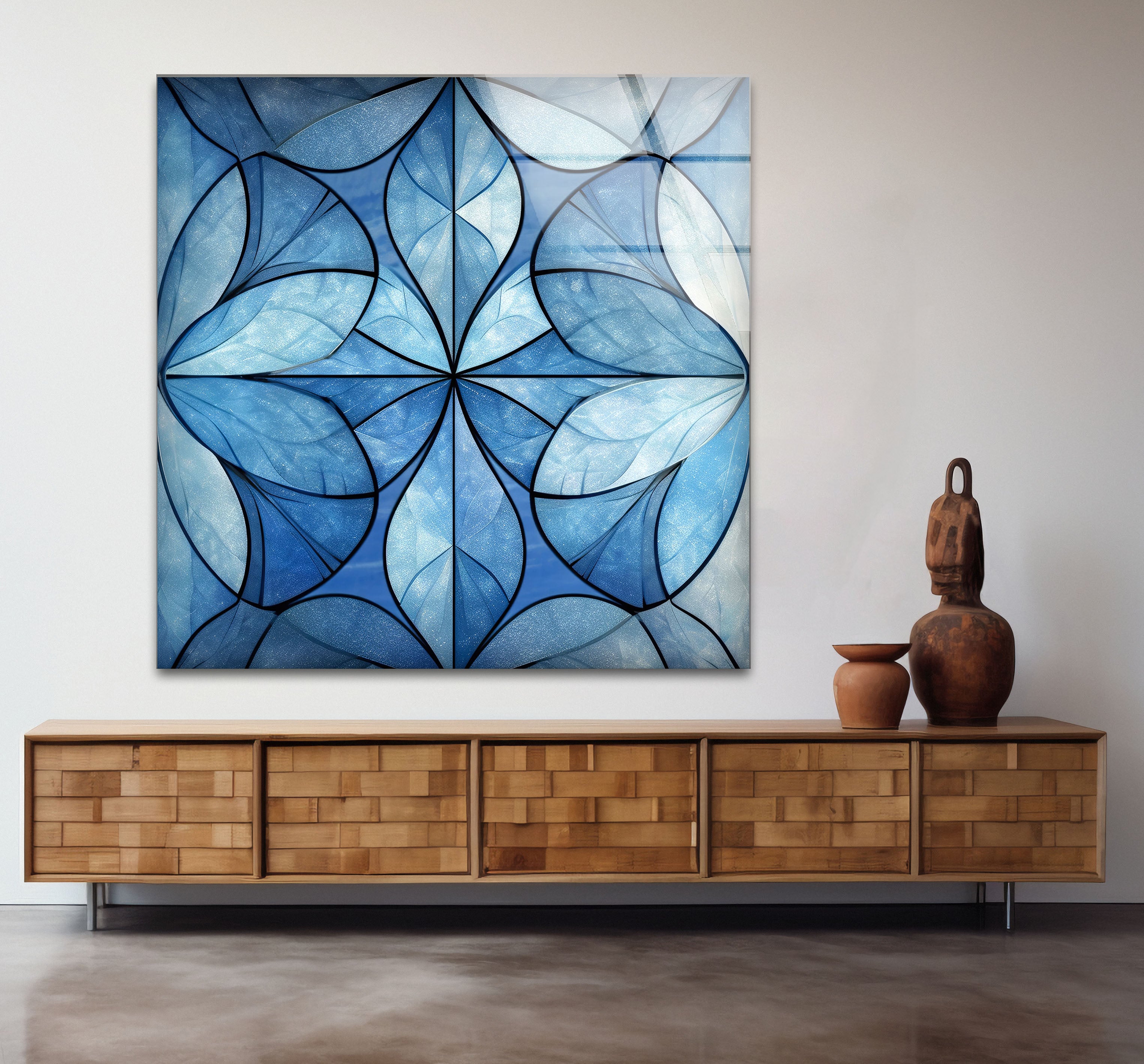 Blue Floral Geometric Wall Art - Modern Glass Panel with Elegant Petal Design for Home Decor, Living Room & Office
