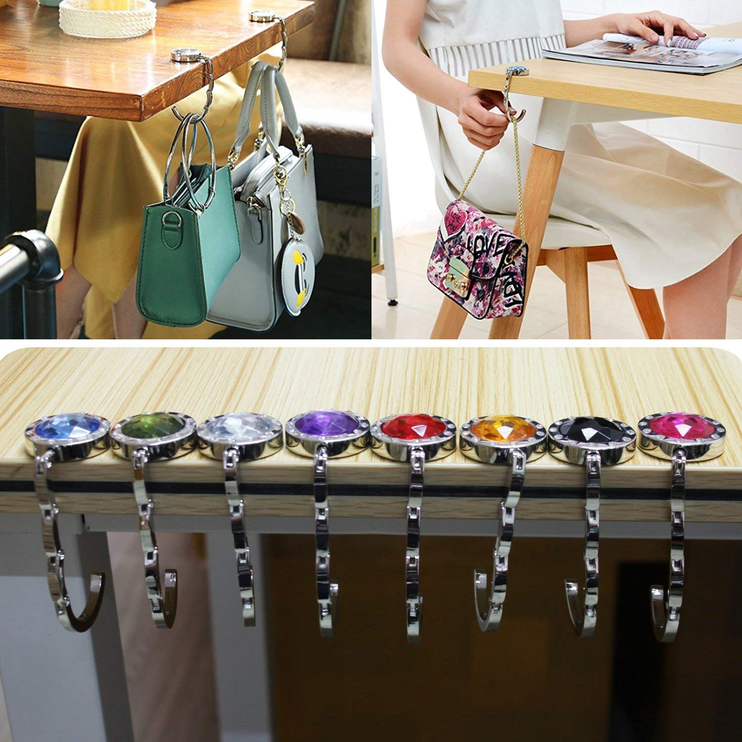 Foldable Purse Hooks - 12 Pack Crystal Diamond Handbag Hangers for Restaurants, Tables & Counters - Durable Bag Holder for Women's Purses, Totes & Shopping Bags