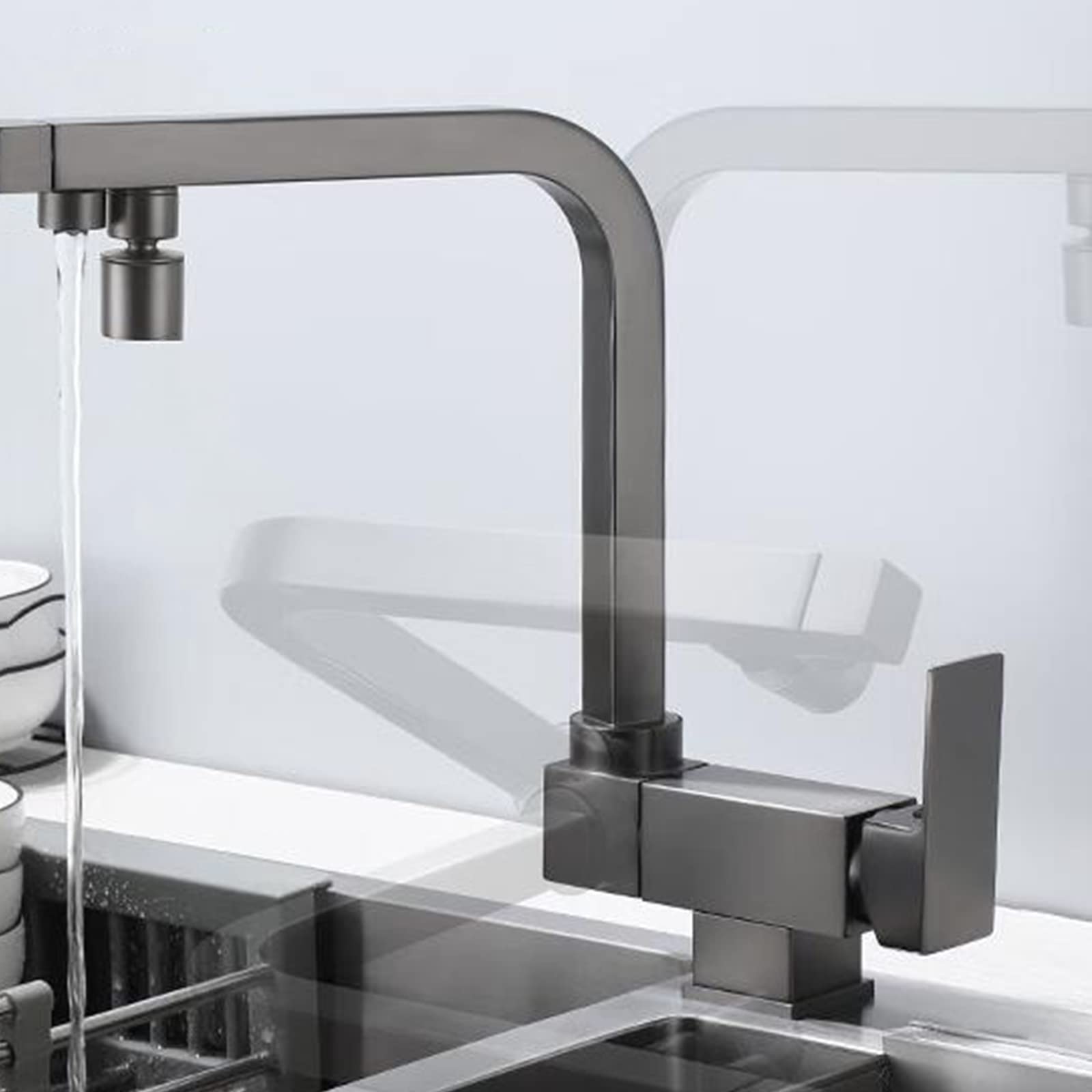 3-Way Folding Kitchen Sink Faucet - Grey Brass Swivel Multifunctional 3-in-1 Pull Down Sprayer for Modern Home, Restaurant & RV Use