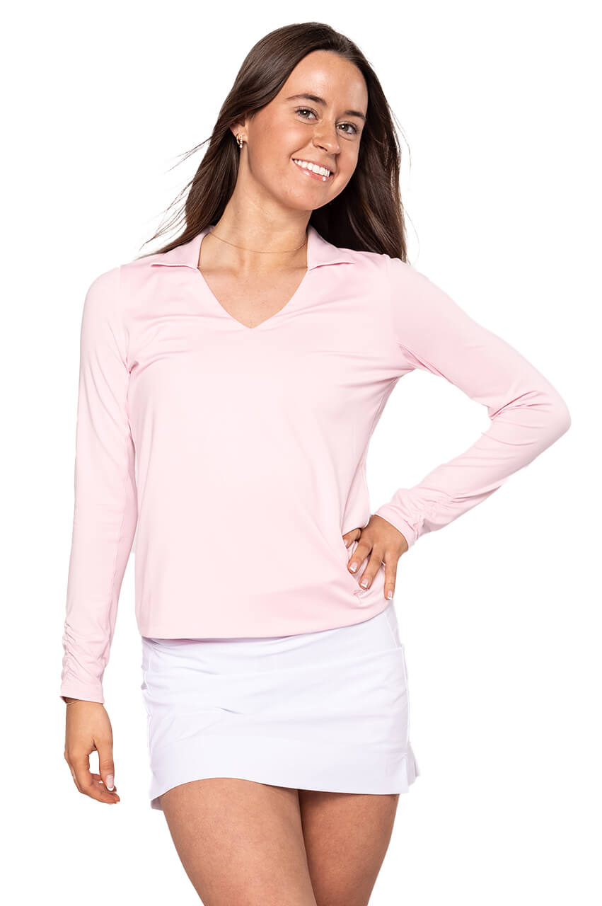 Rose Pink Long Sleeve Lisa Sport Polo Shirt for Women - Athletic Tennis Golf Yoga Workout Top - Breathable Moisture-Wicking Activewear for Gym & Outdoor Sports