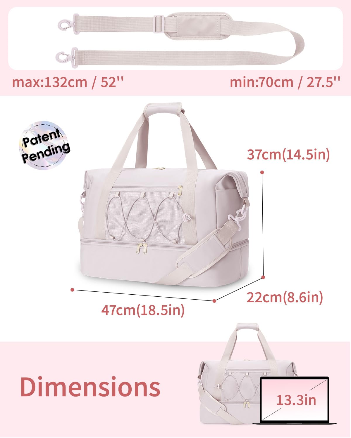 Sportsnew Women's Large Gym Travel Duffel Bag with Shoe Compartment & Wet Pocket - Water Resistant Weekender Overnight Carry On Sports Tote - Beige (Patent Pending) - Perfect for Gym, Travel, Sports & Weekend Getaways