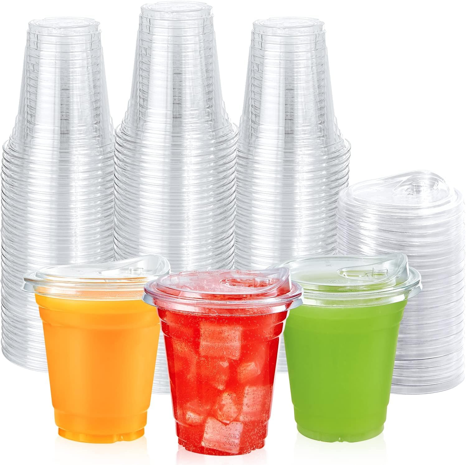 Lilymicky 100-Pack 12 oz Clear Disposable Plastic Cups with Strawless Sip Lids - Perfect for Iced Coffee, Smoothies, Slurpees & Cold Drinks - Ideal for Parties, Picnics, BBQs & Office Use