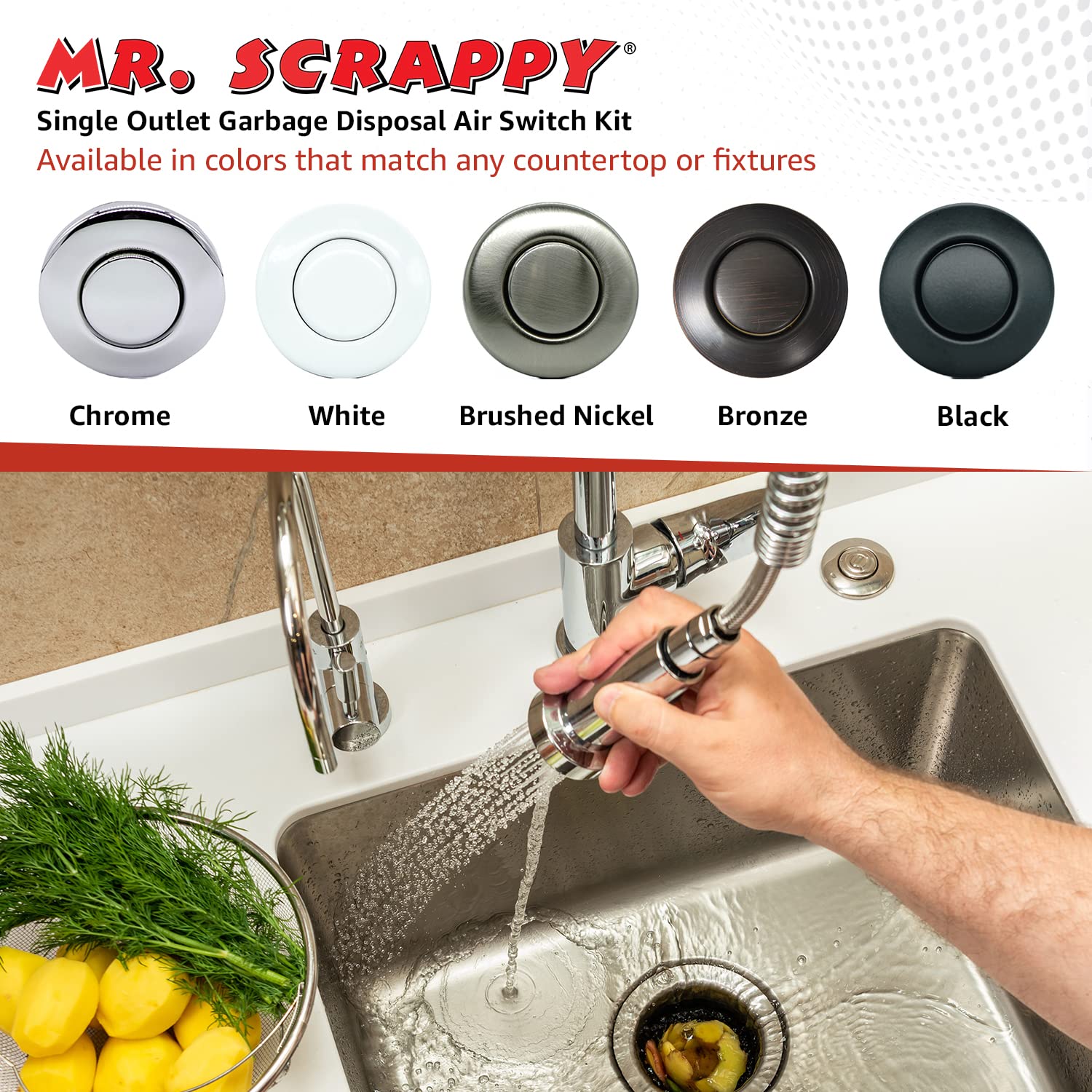 20-MSAS-65-WH Single Outlet Garbage Disposal Air Switch Kit - White, Includes Button, Tubing, 120V Power Module & Hardware - Easy On/Off Control for Kitchen Sink Waste Disposers - Perfect for Home, Restaurant & Commercial Use