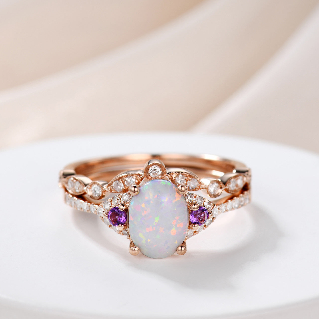 Vintage Art Deco Oval Opal Diamond Engagement Ring for Women - 14K Rose Gold Wedding Band with Amethyst Accent - Perfect for Proposals, Anniversaries & Special Occasions
