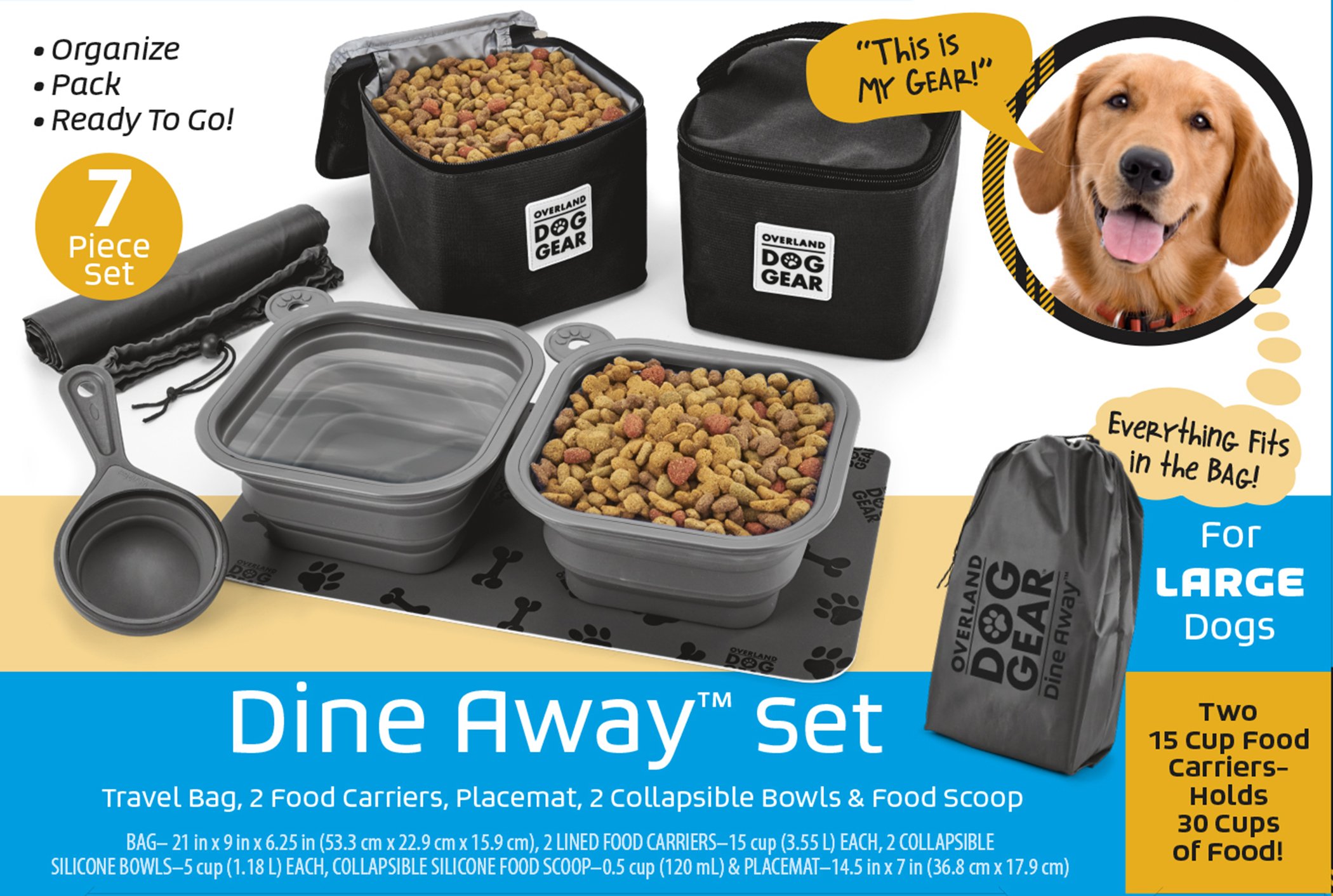 Premium Mobile Dog Gear - Dine Away Travel Bag for Medium & Large Dogs | Includes Lined Food Carriers, 2 Collapsible Bowls, Scooper & Placemat | Perfect for Road Trips, Camping & Outdoor Adventures (Black)