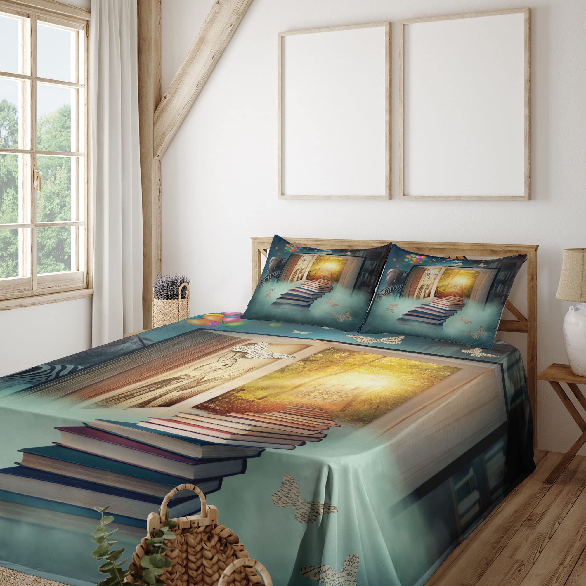 Ambesonne Fantasy Bedding Set 4-Piece - Magic Book Forest Balloon Zebra Animal Butterflies Design, King Size Fitted & Flat Sheet with Pillowcases, Teal & Yellow - Perfect for Kids' Rooms, Fantasy Themed Bedrooms & Unique Home Decor