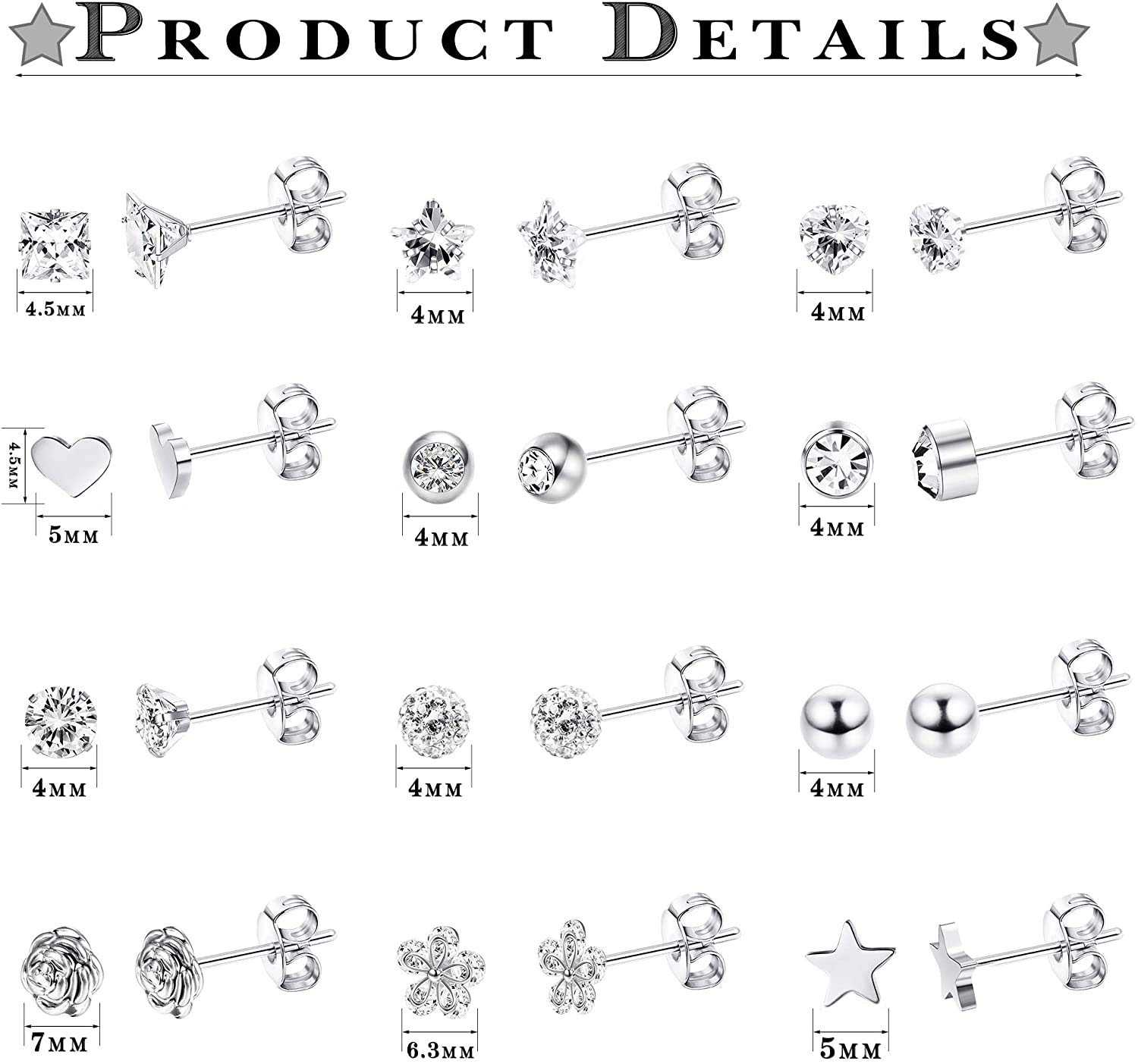 12 Pairs Dainty Surgical Steel Earrings for Women - CZ Flower Heart Star Ball Studs Set, Tragus & Cartilage Earrings | Perfect for Everyday Wear, Gifts & Special Occasions