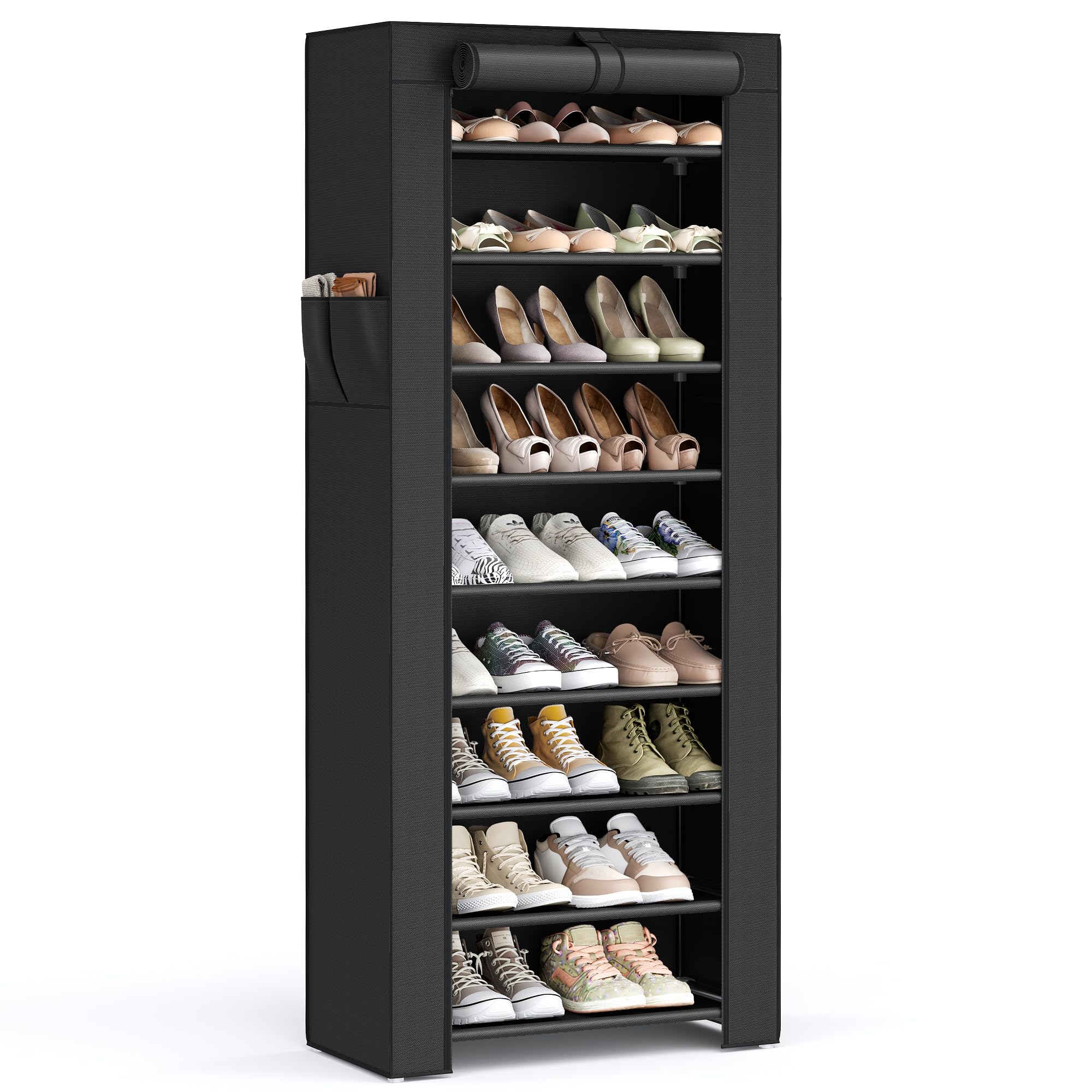 SONGMICS 9-Tier Shoe Rack Organizer with Nonwoven Fabric Cover - Holds 27-35 Pairs of Shoes - Space Saving Entryway Storage for Sneakers, High Heels, Flats & Boots - Perfect for Closet, Bedroom, Hallway Organization - Black URXJ10H
