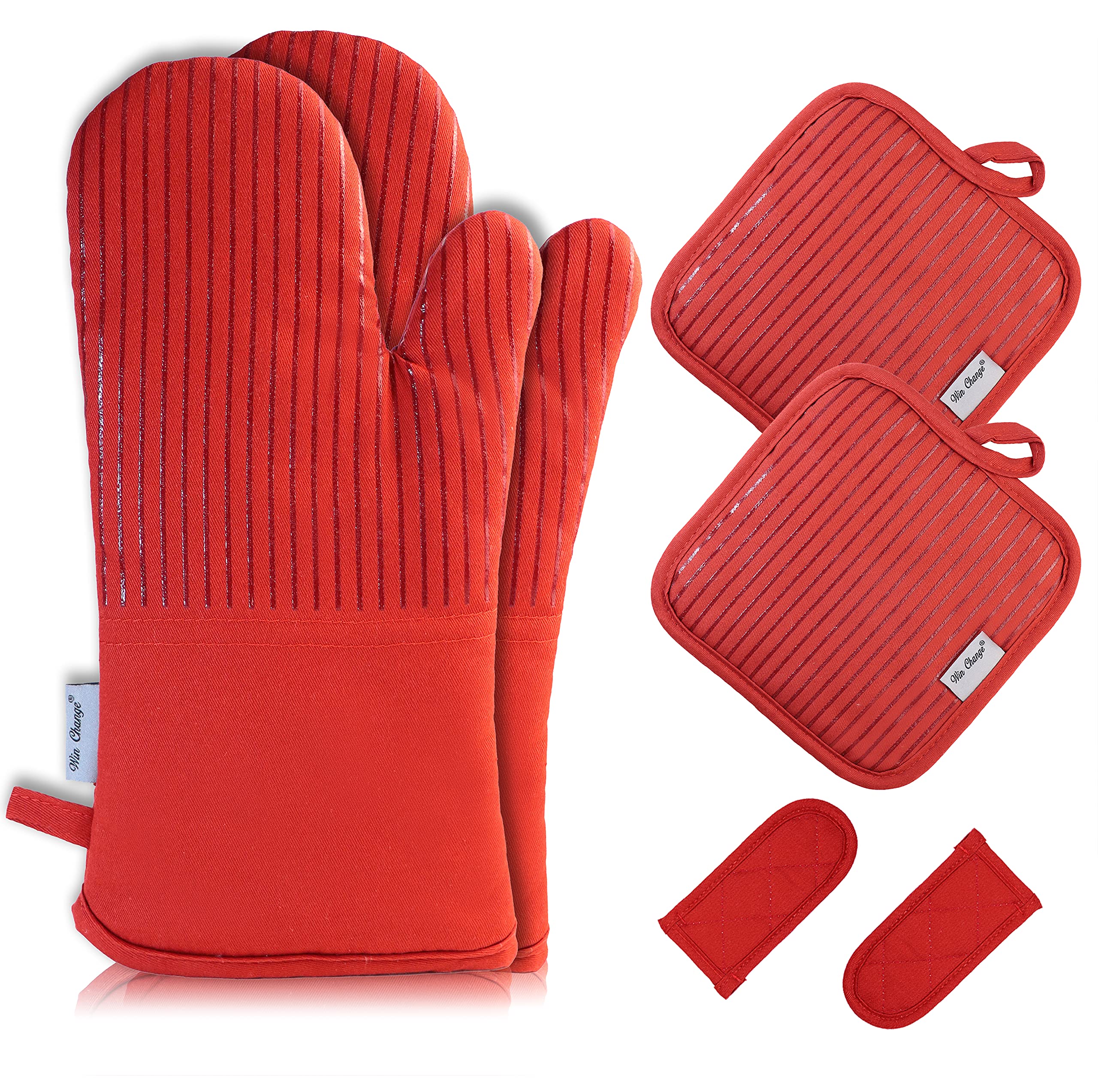 Heat-Resistant Oven Mitts & Potholders Set - 6-Piece Non-Slip BBQ Gloves with Recycled Silicone Infill for Cooking, Baking, Grilling - Perfect for Kitchen, Outdoor BBQ & Camping (Red)