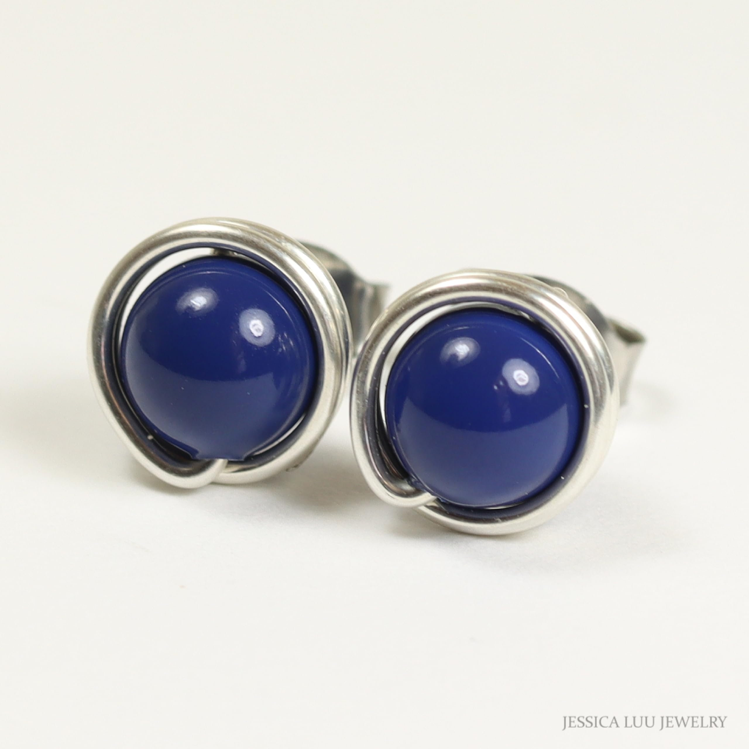 Handmade Blue Stud Earrings - Sterling Silver or Gold Wire Wrapped Dark Lapis Pearls Jewelry | Perfect for Gifts, Weddings & Everyday Wear