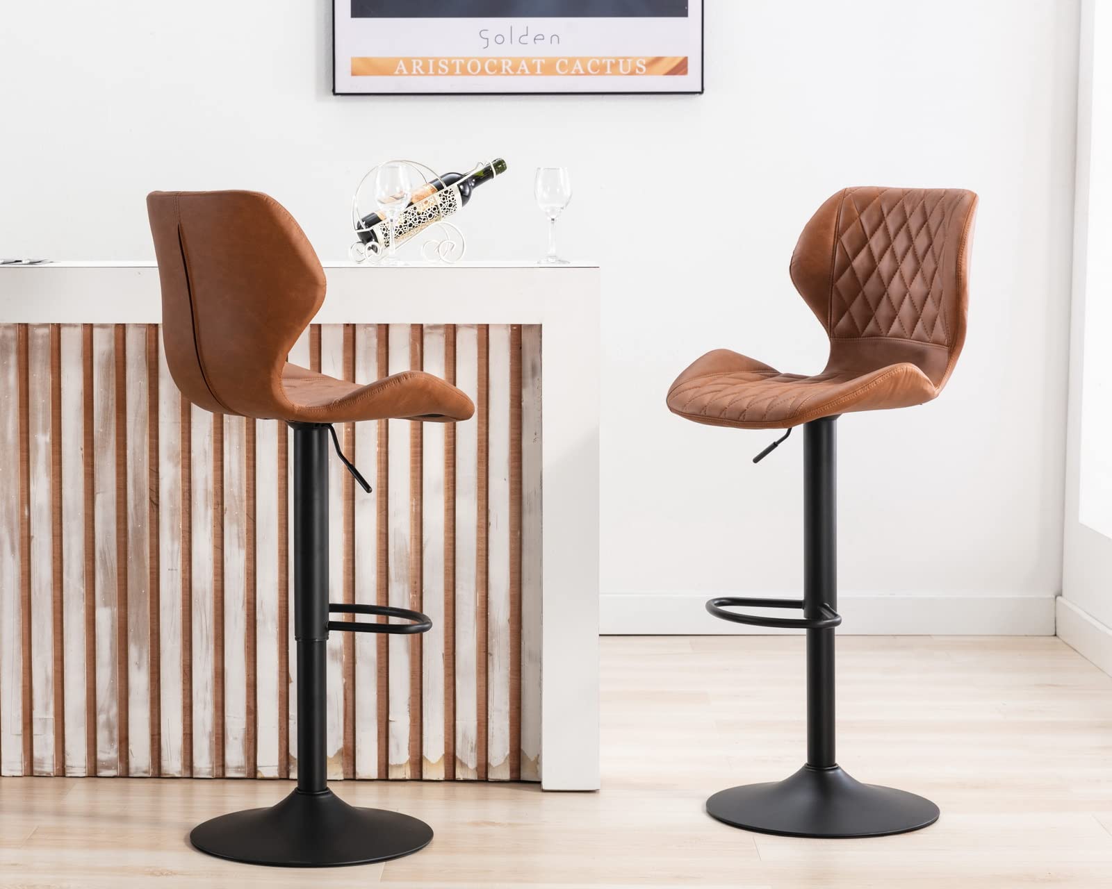 CIMOTA Swivel Adjustable Leather Bar Stools Set of 2 - Modern PU Brown Counter Height Bar Chairs with Backs (23.6