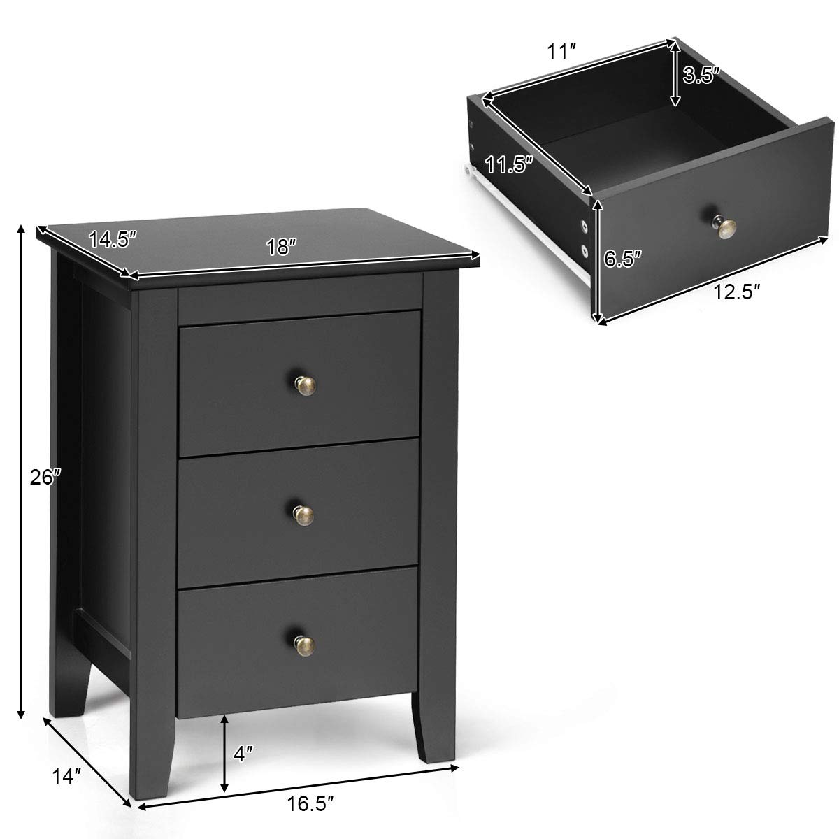 Giantex 2-Pack Nightstand Set with 3 Drawers - Solid Wood Legs Bedside Table, Storage Cabinet for Small Spaces - Perfect for Bedroom, Living Room & Apartment (Black)