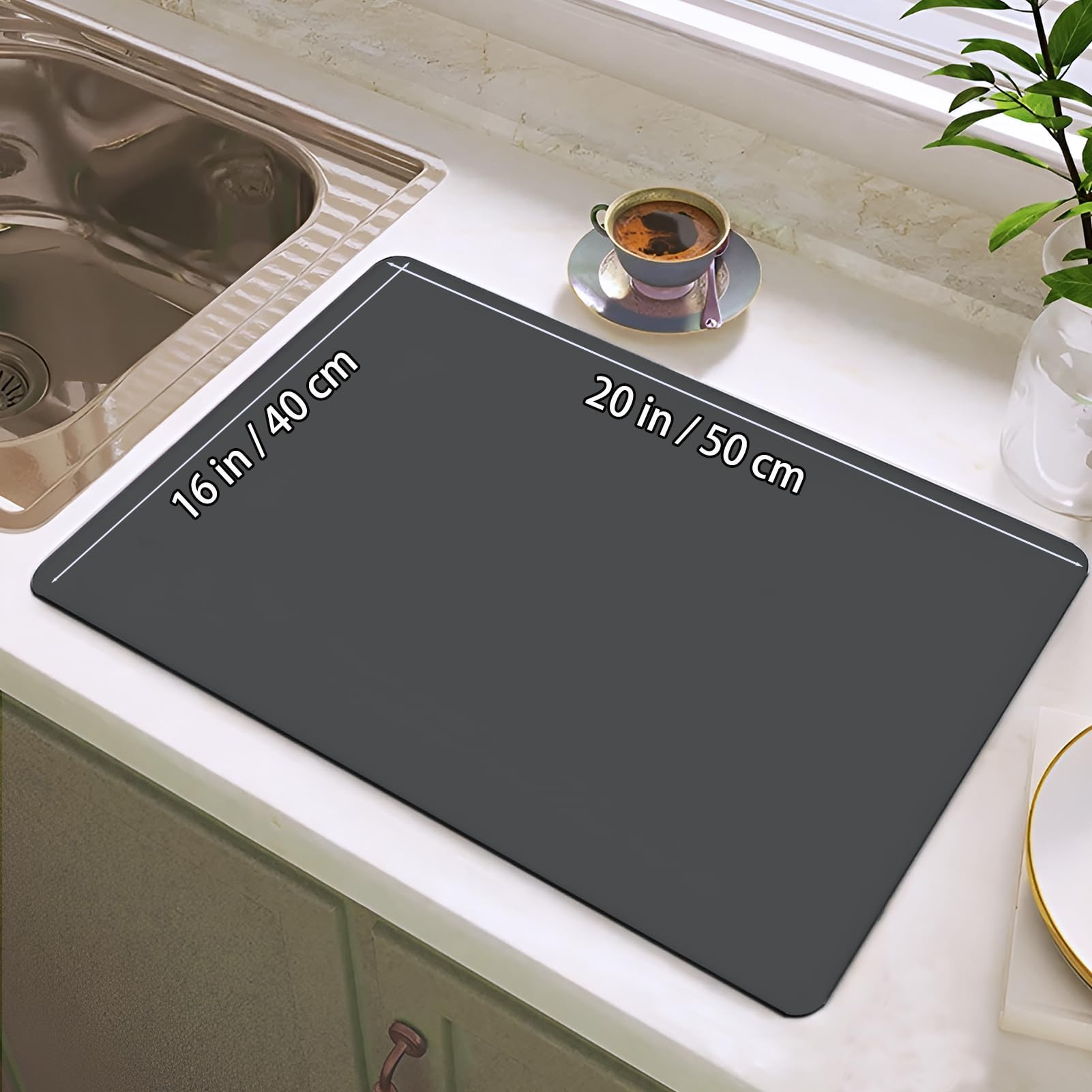 SOQKEEN Super Absorbent Dish Drying Mat, 50 x 40 cm Non-Slip Kitchen Counter Mat for Drying Dishes, Coffee Maker & Utensils - Dark Gray | Perfect for Kitchen Sink, Countertop & Dish Rack Organization