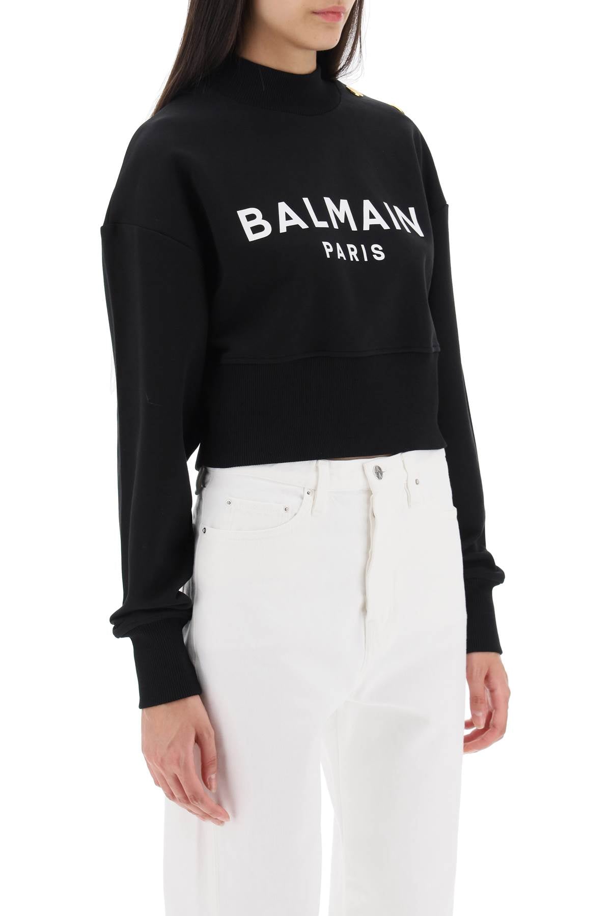 Balmain Logo Print Cropped Sweatshirt with Buttons - Stylish Casual Wear for Women, Perfect for Streetwear & Everyday Outfits