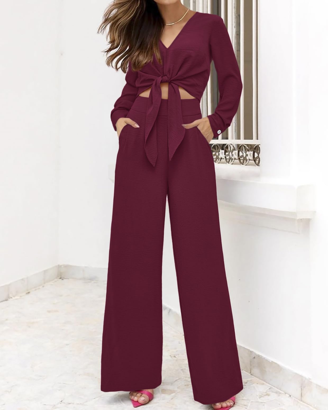 PRETTYGARDEN Women's 2 Piece Outfits 2025 Spring Casual V Neck Long Sleeve Strappy Crop Top with Wide Leg Palazzo Pants Set | Trendy Matching Outfit for Brunch, Shopping & Vacation